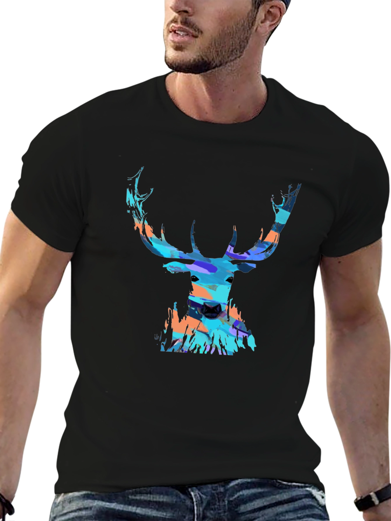 Black Abstract Deer Head Graphic Print Black T-Shirt view 6