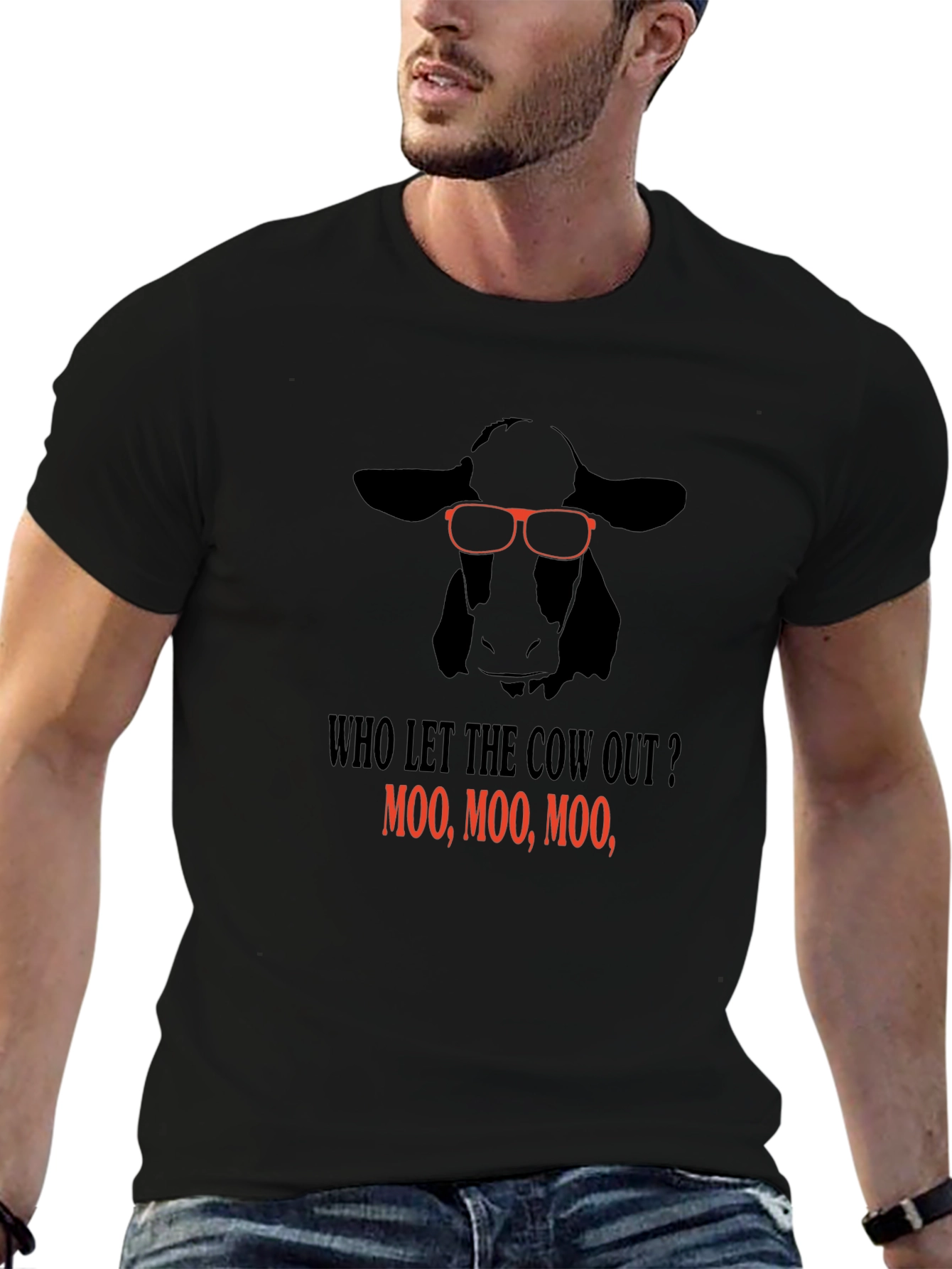 Black Funny Cow T-Shirt - Who Let the Cow Out? Tee view 6