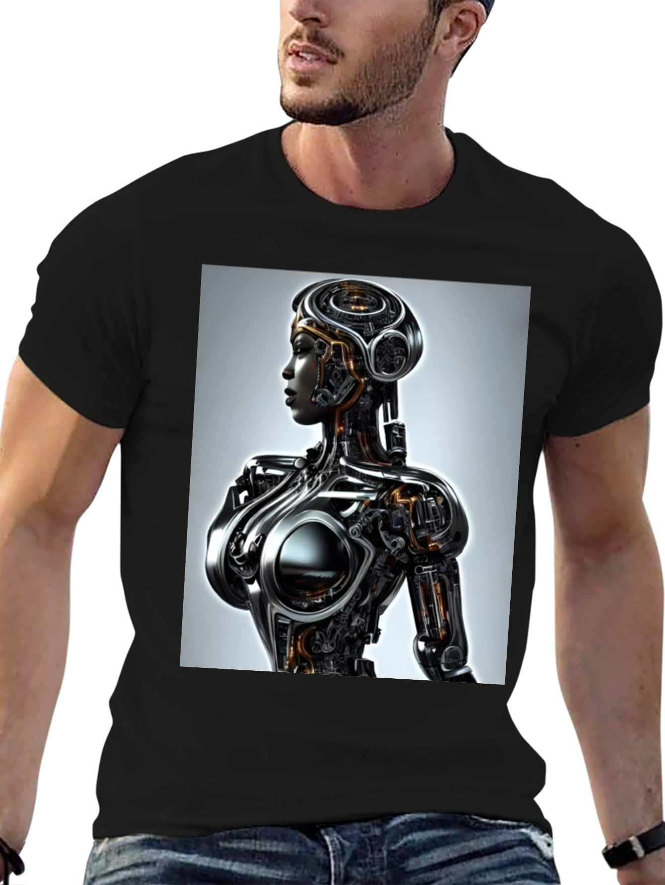 Black Futuristic Robot Woman Graphic Tee - Black view 6