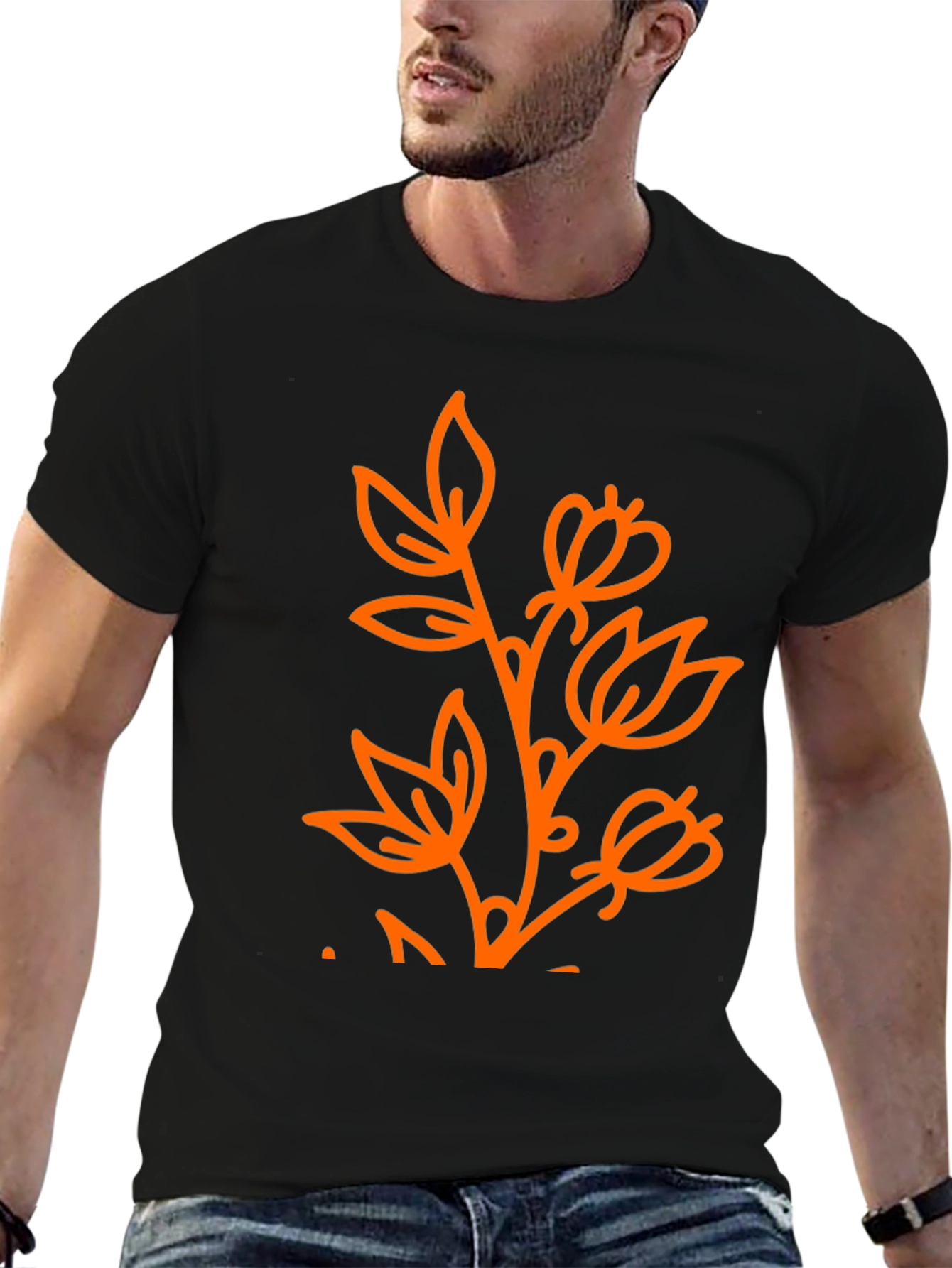 Black Black T-Shirt with Orange Floral Design view 6