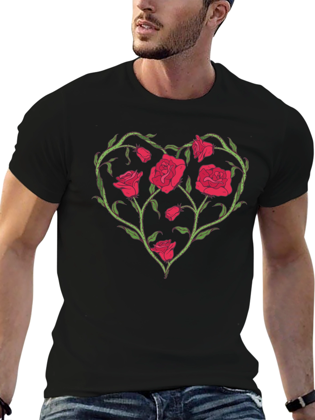 Black Rose Heart Graphic T-Shirt - Unique Floral Design view 6