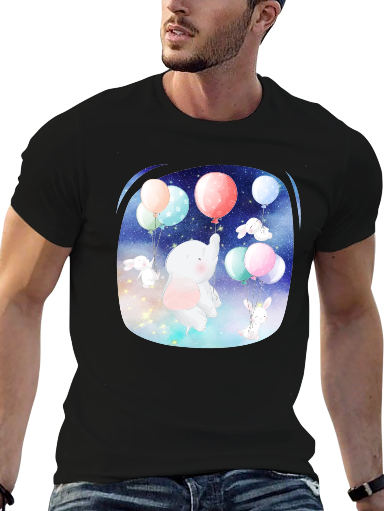 Cute Elephant & Bunny Balloon Ride Graphic Tee - 6