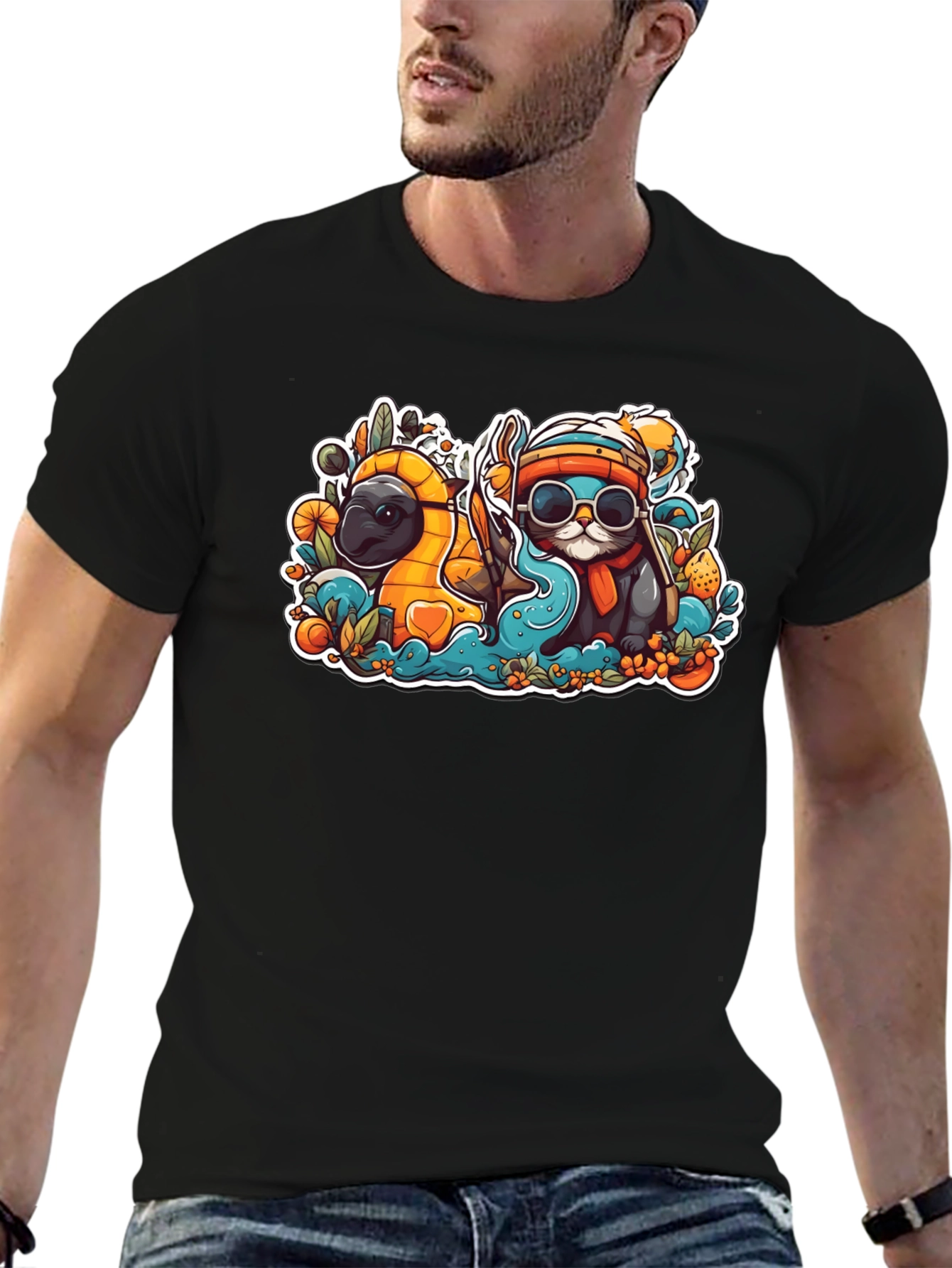 Black Cool Cartoon Otter and Platypus Black T-Shirt view 6