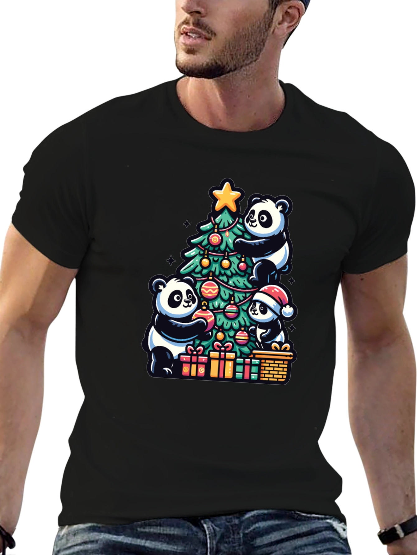 Black Panda Christmas T-Shirt - Holiday Festive Wear view 6