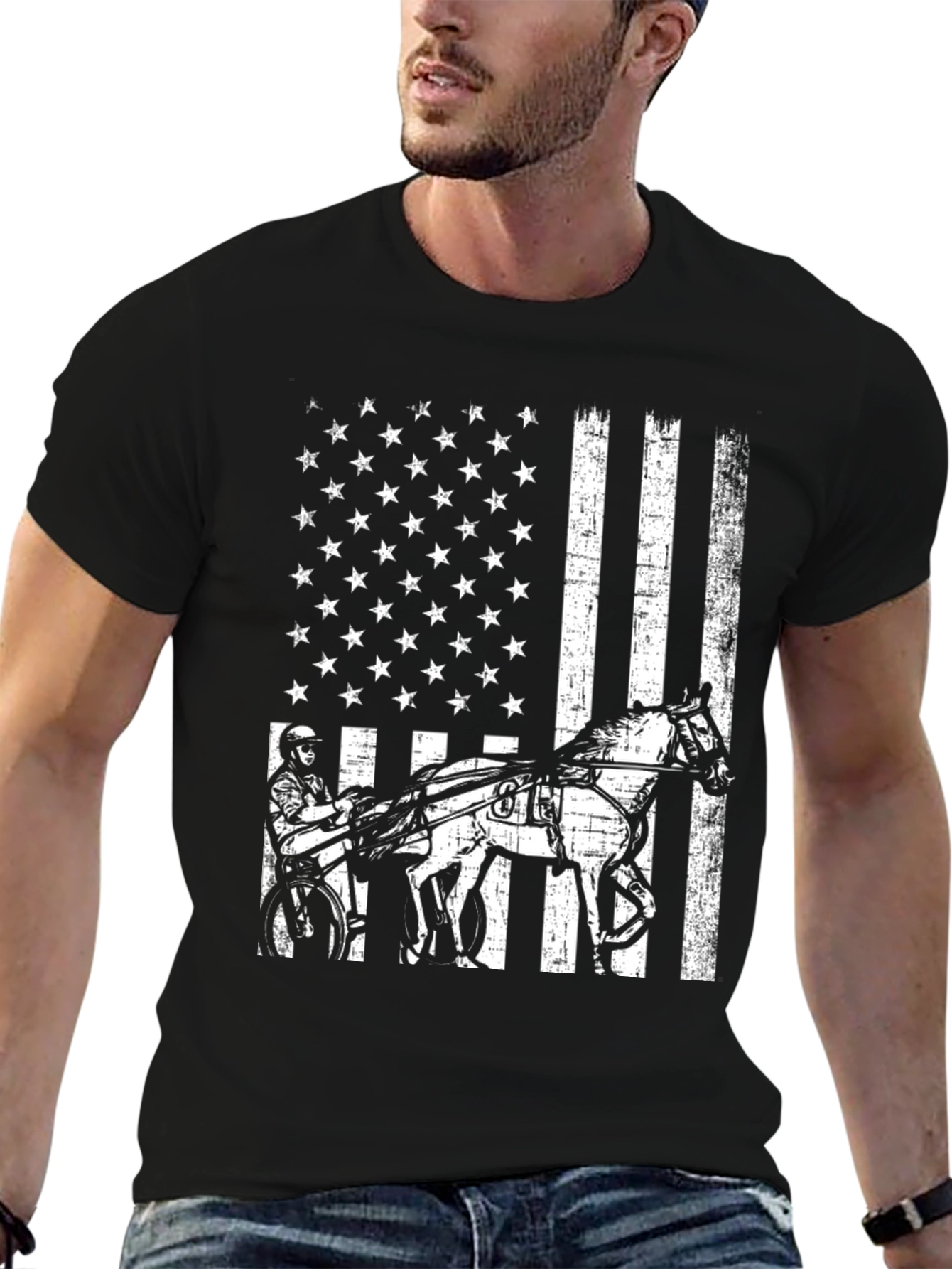 Black American Flag Horse Racing T-Shirt view 6