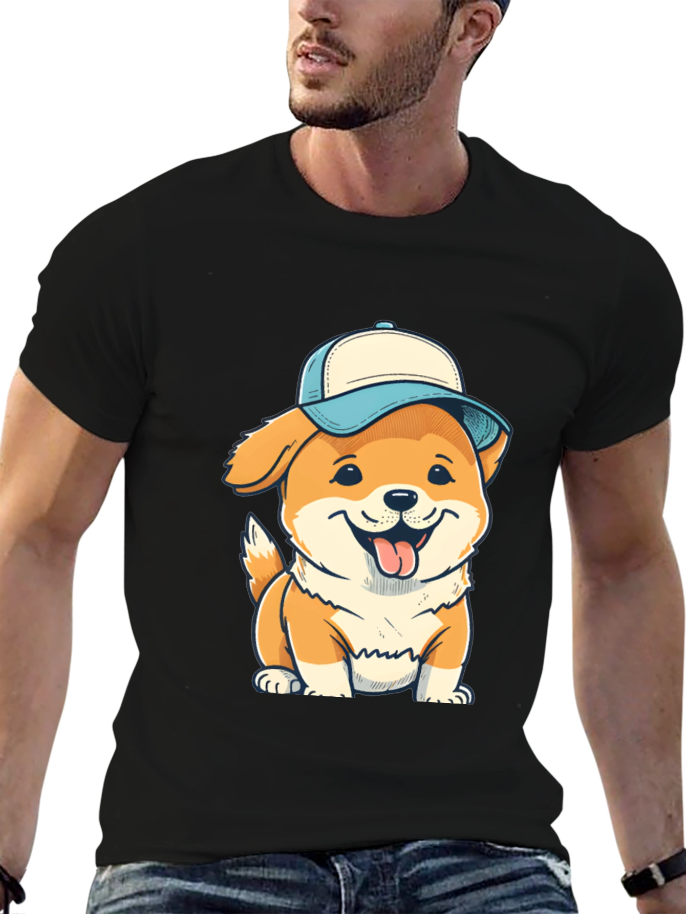 Black Dog with Cap T-Shirt - Fun & Stylish Black Tee view 6