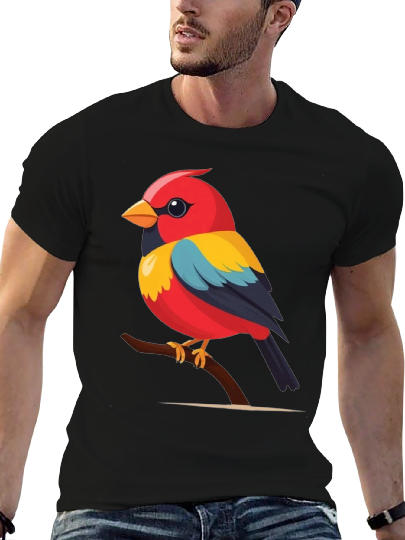 Black Bird on Branch Graphic Tee - Black Cotton Casual Shirt view 6
