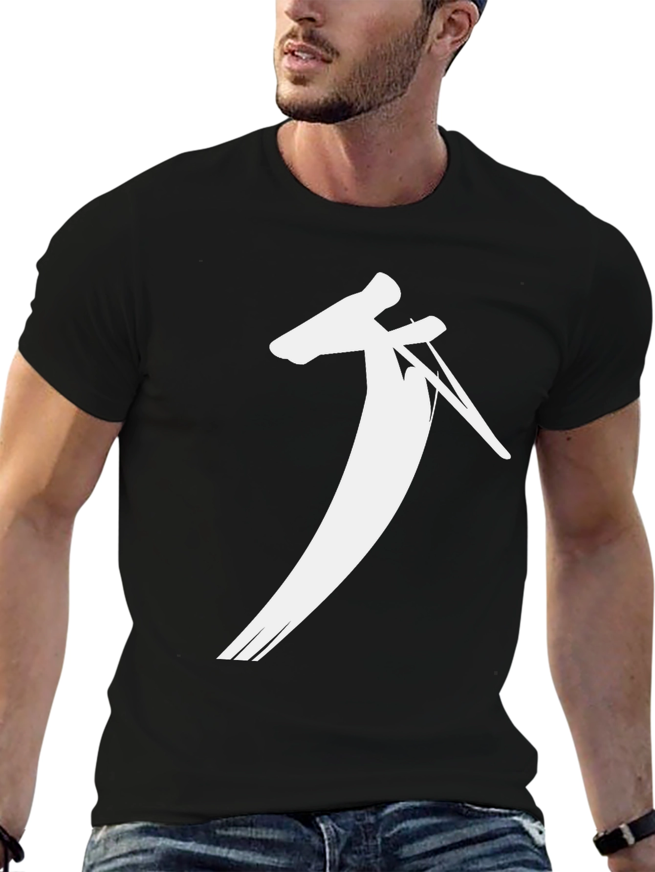 Black Men's Black T-Shirt with Abstract White Print view 6