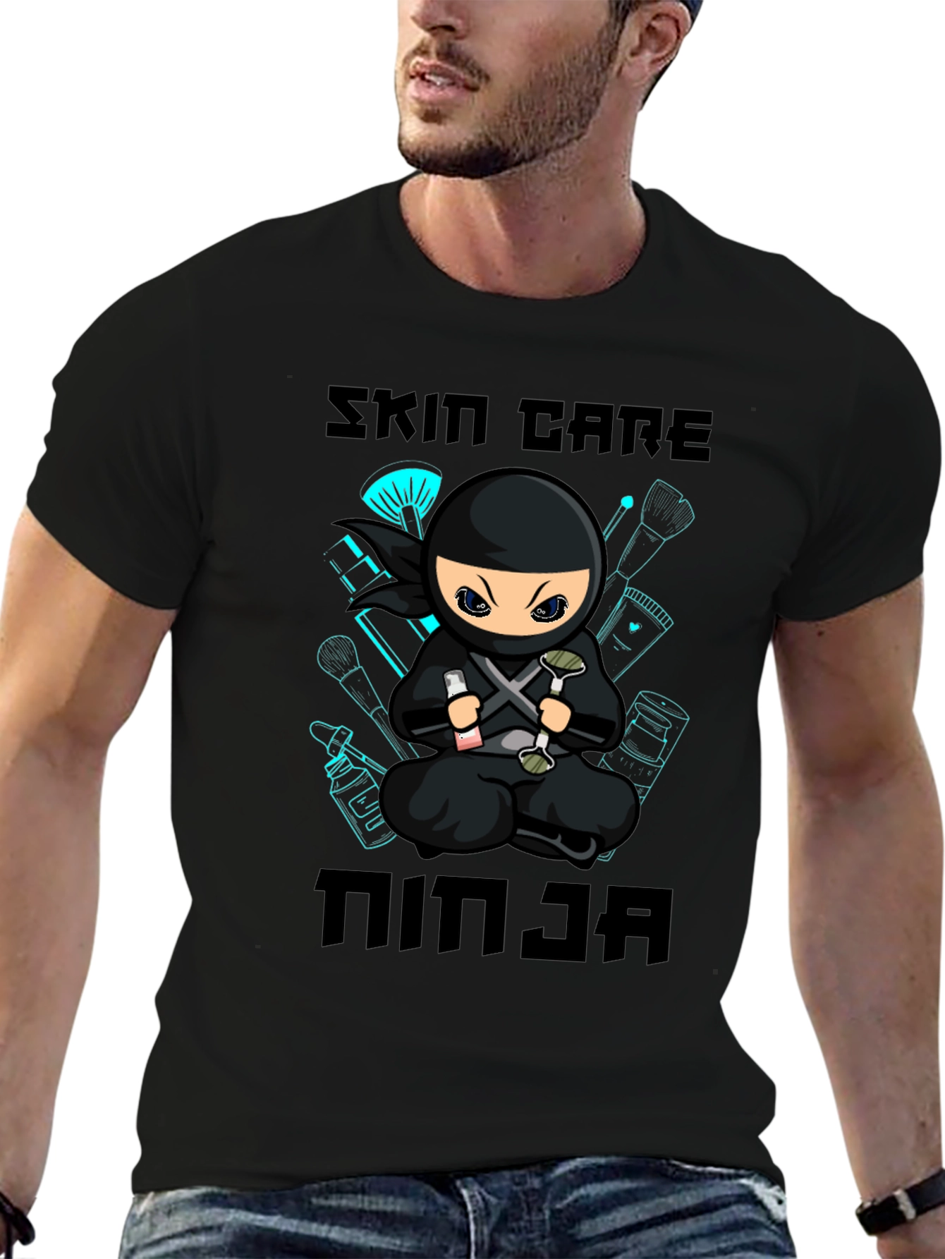 Black Skin Care Ninja T-Shirt - Black Cotton Graphic Tee view 6
