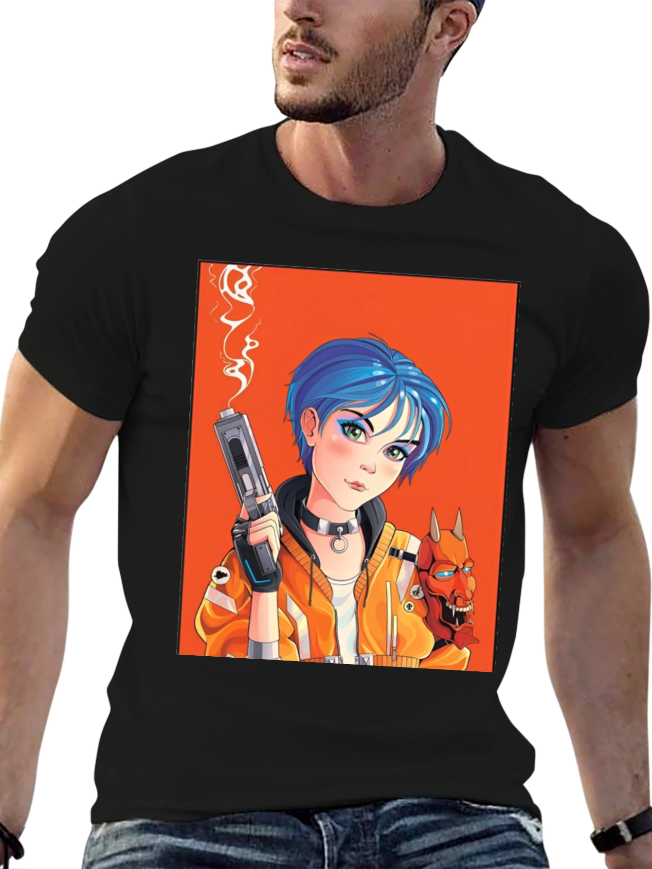 Black Anime Girl with Gun Black T-Shirt view 6