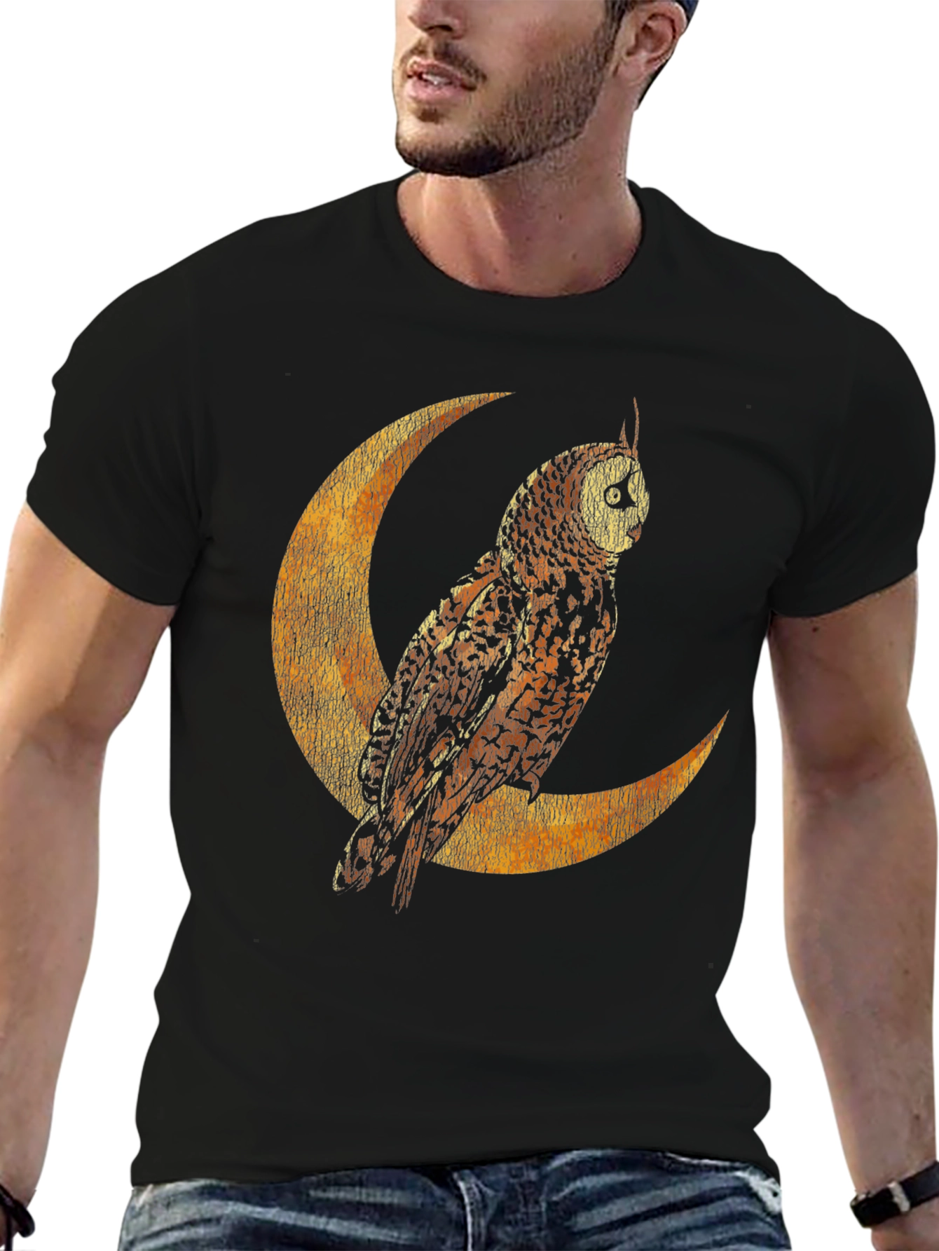 Black Owl on Crescent Moon Graphic Tee - Stylish Unisex T-Shirt view 6