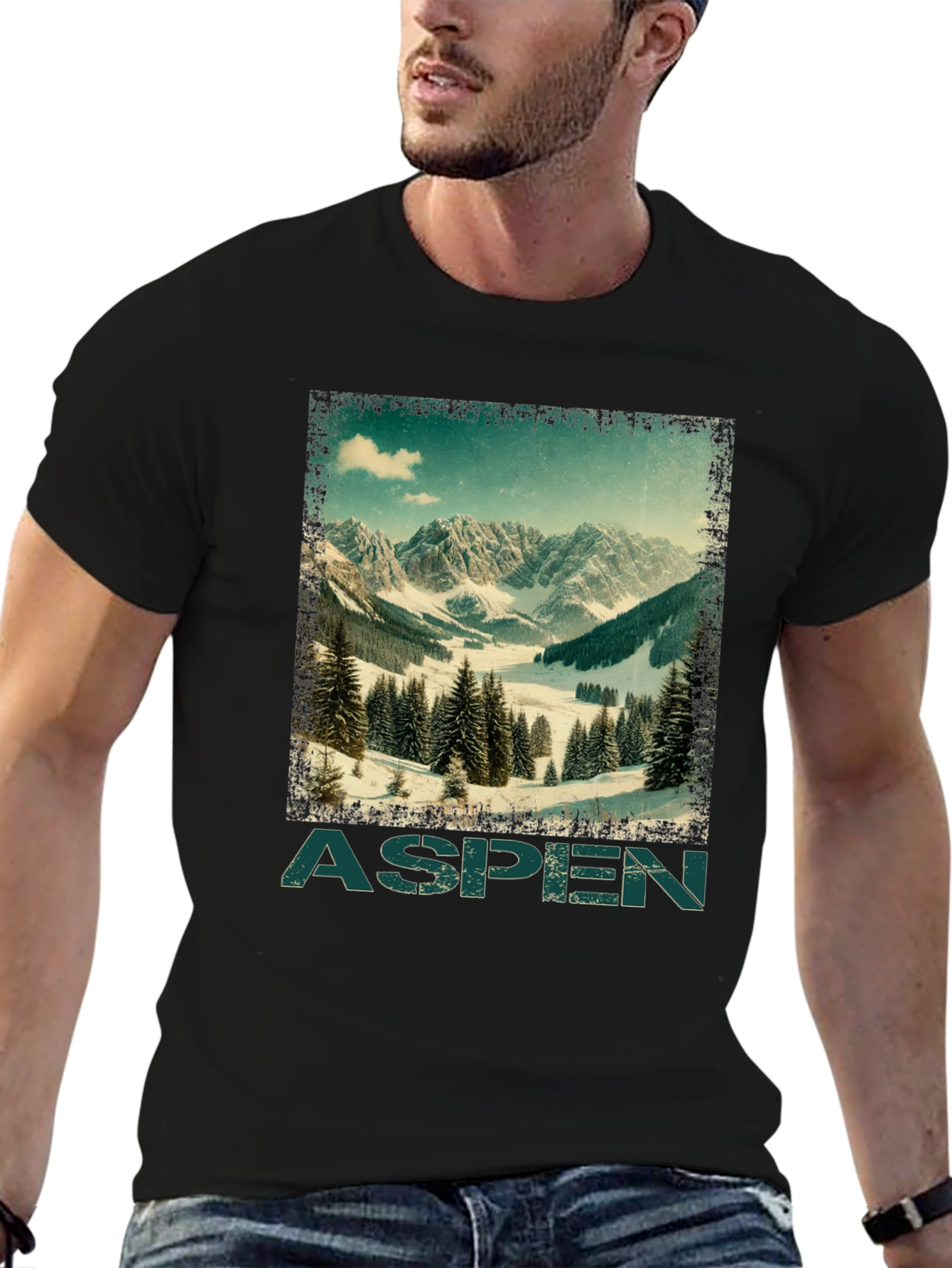 Black Aspen Mountain Graphic T-Shirt - Vintage Ski Design view 6