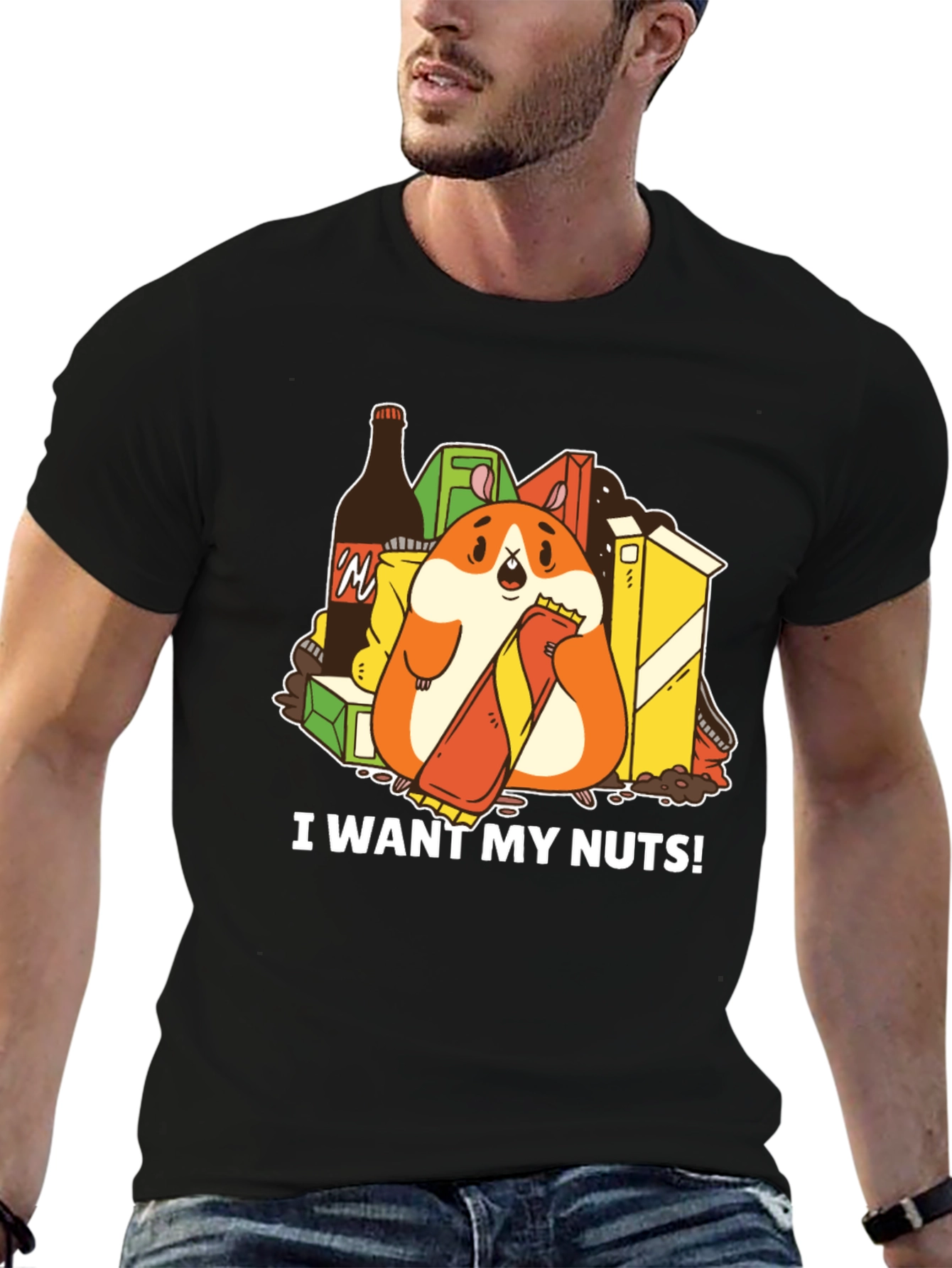 Black Funny Hamster 'I Want My Nuts!' Graphic T-Shirt view 6