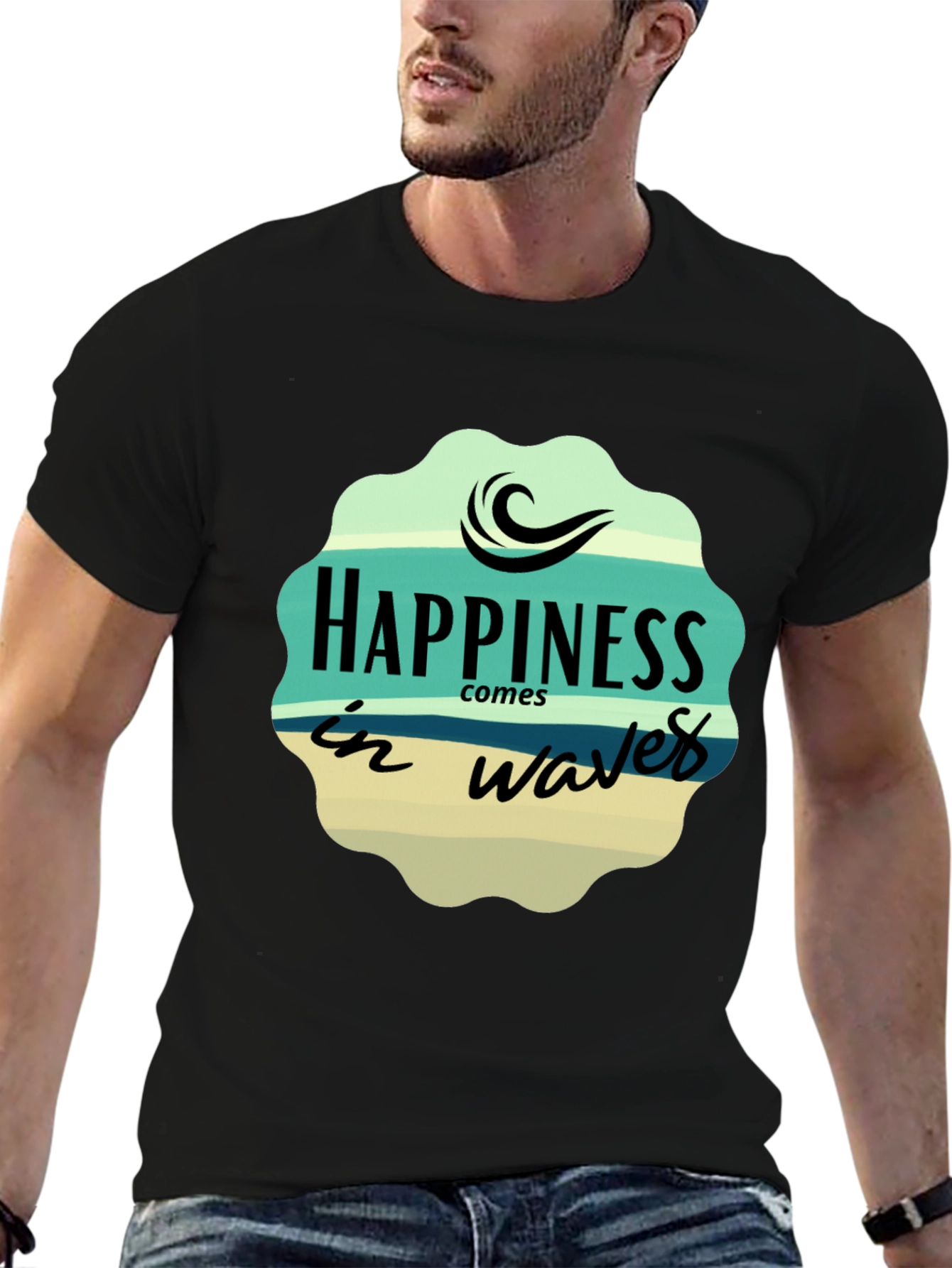 Black Happiness Comes in Waves Graphic T-Shirt view 6