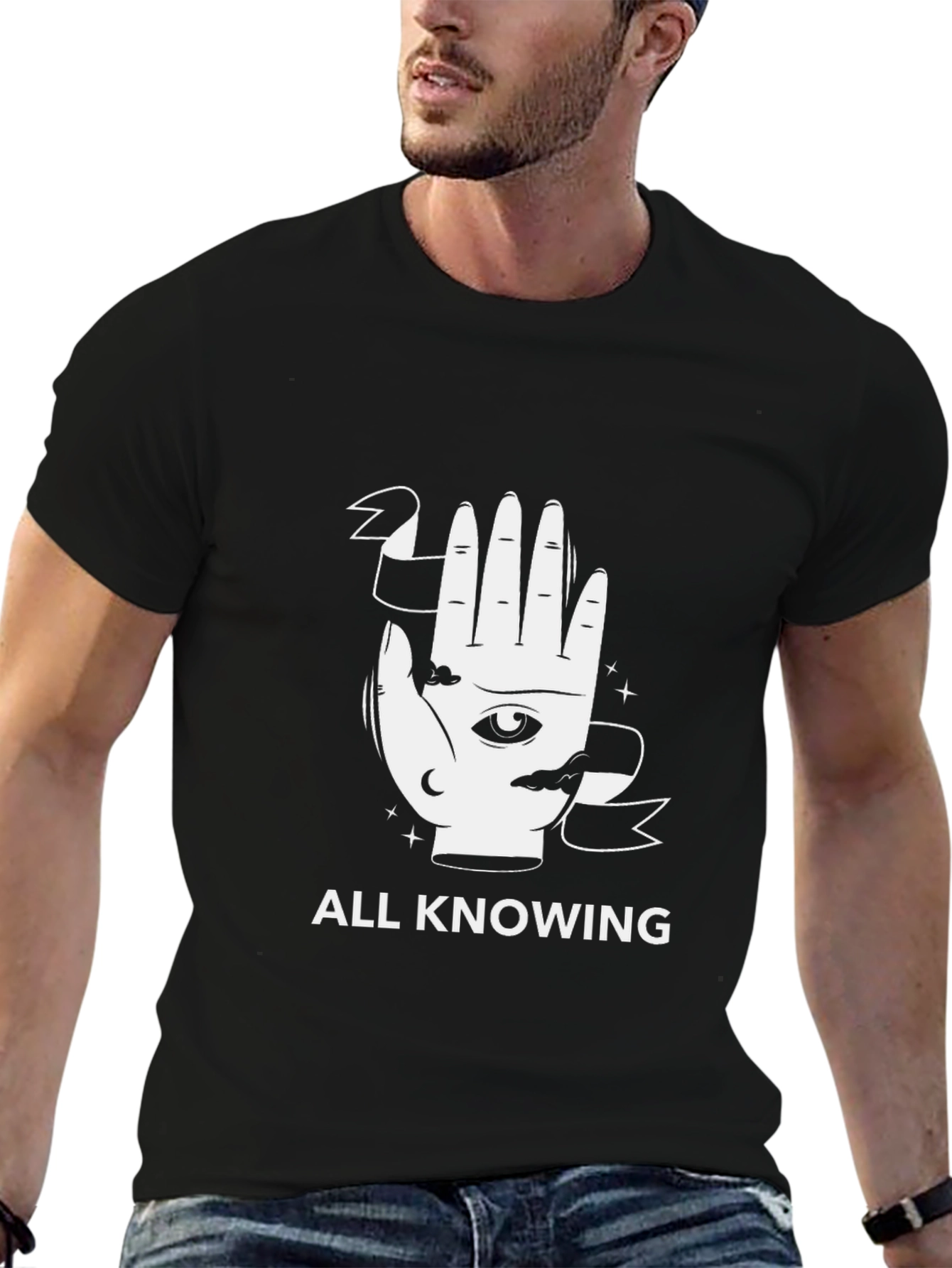 Black All Knowing Graphic Tee - Unisex Black T-Shirt view 6