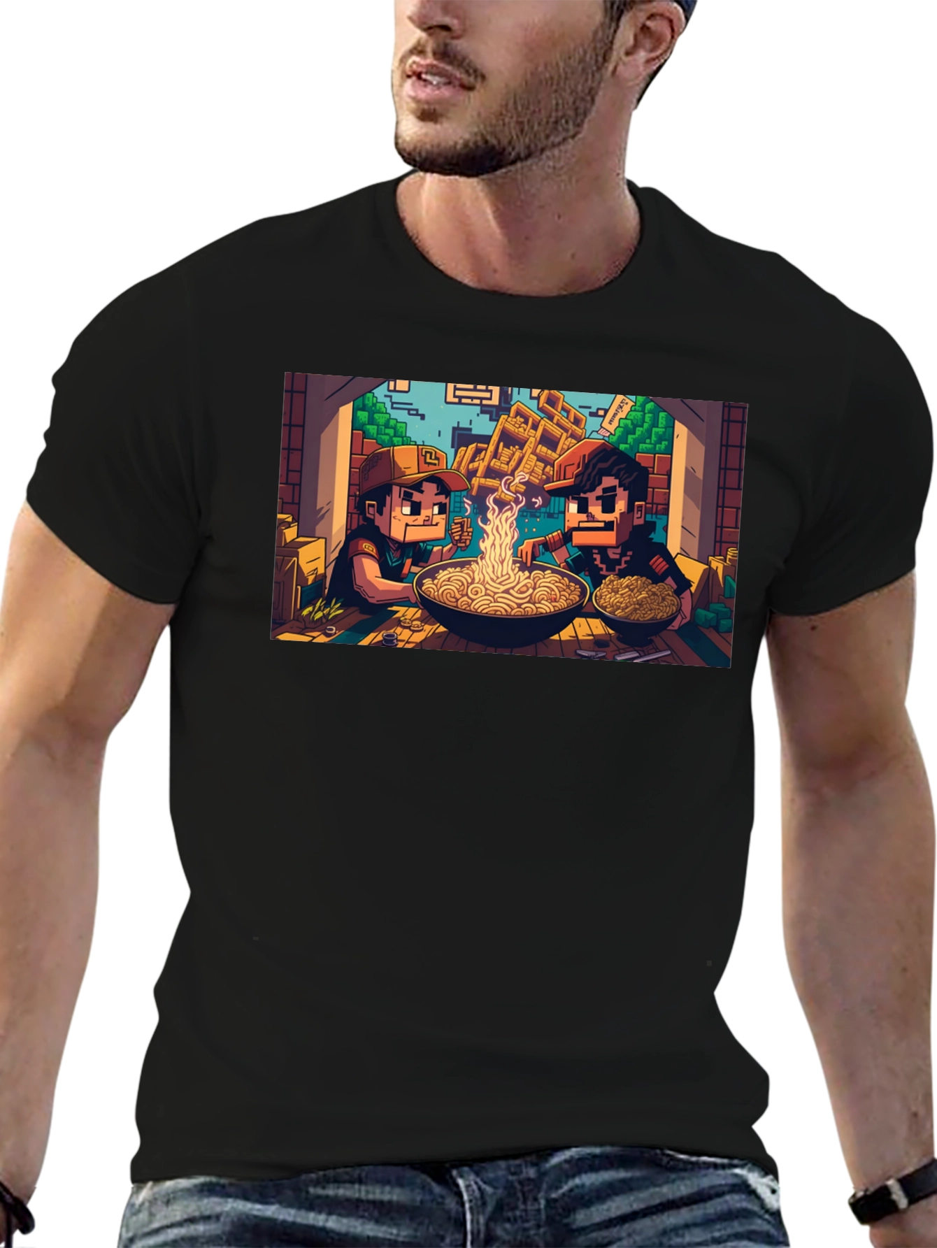 Black Pixel Art Ramen T-Shirt view 6