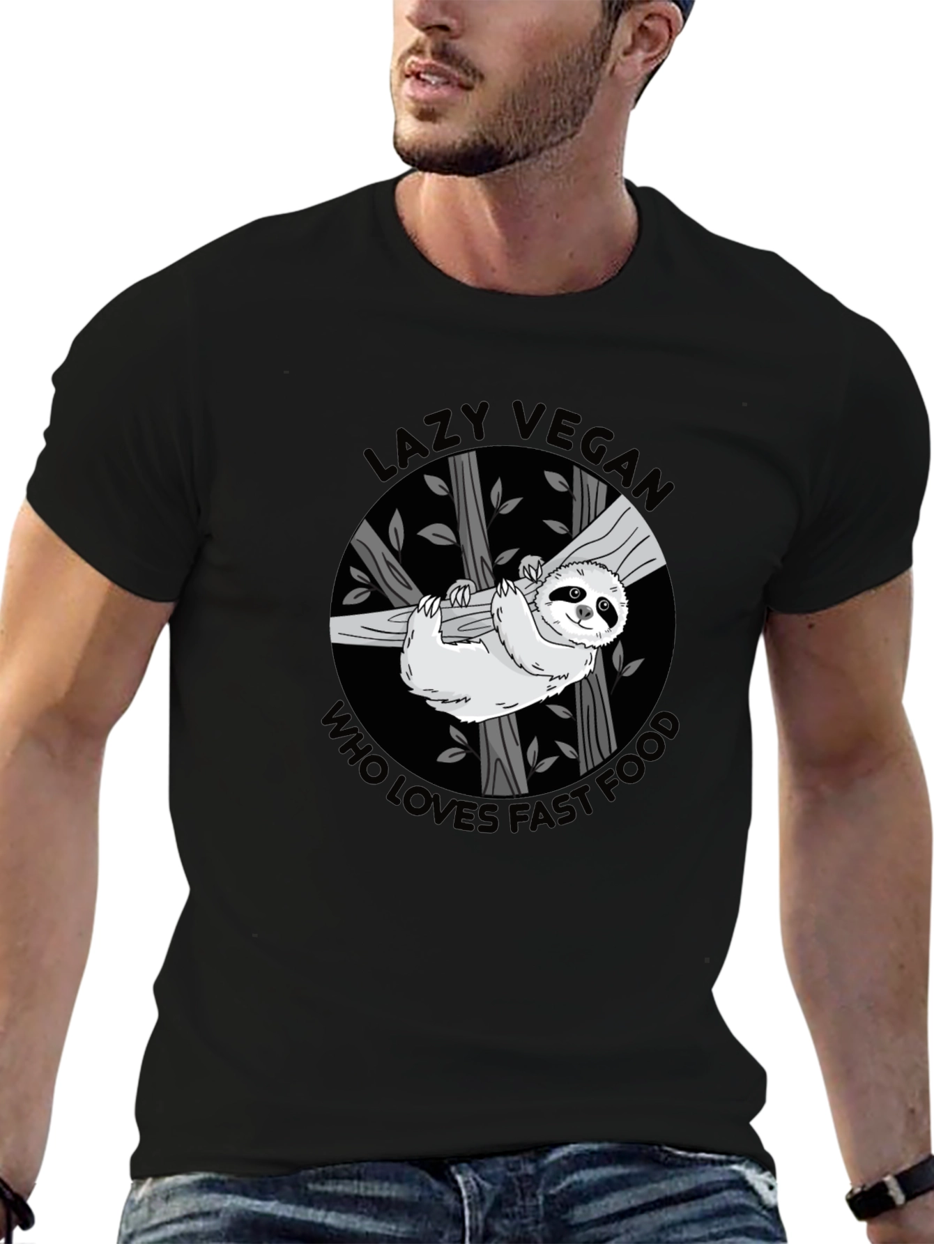 Black Lazy Vegan Fast Food Sloth Graphic Tee view 6