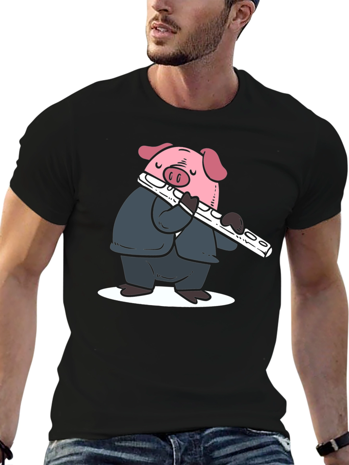Black Pig Flute Player Graphic T-Shirt - Black view 6