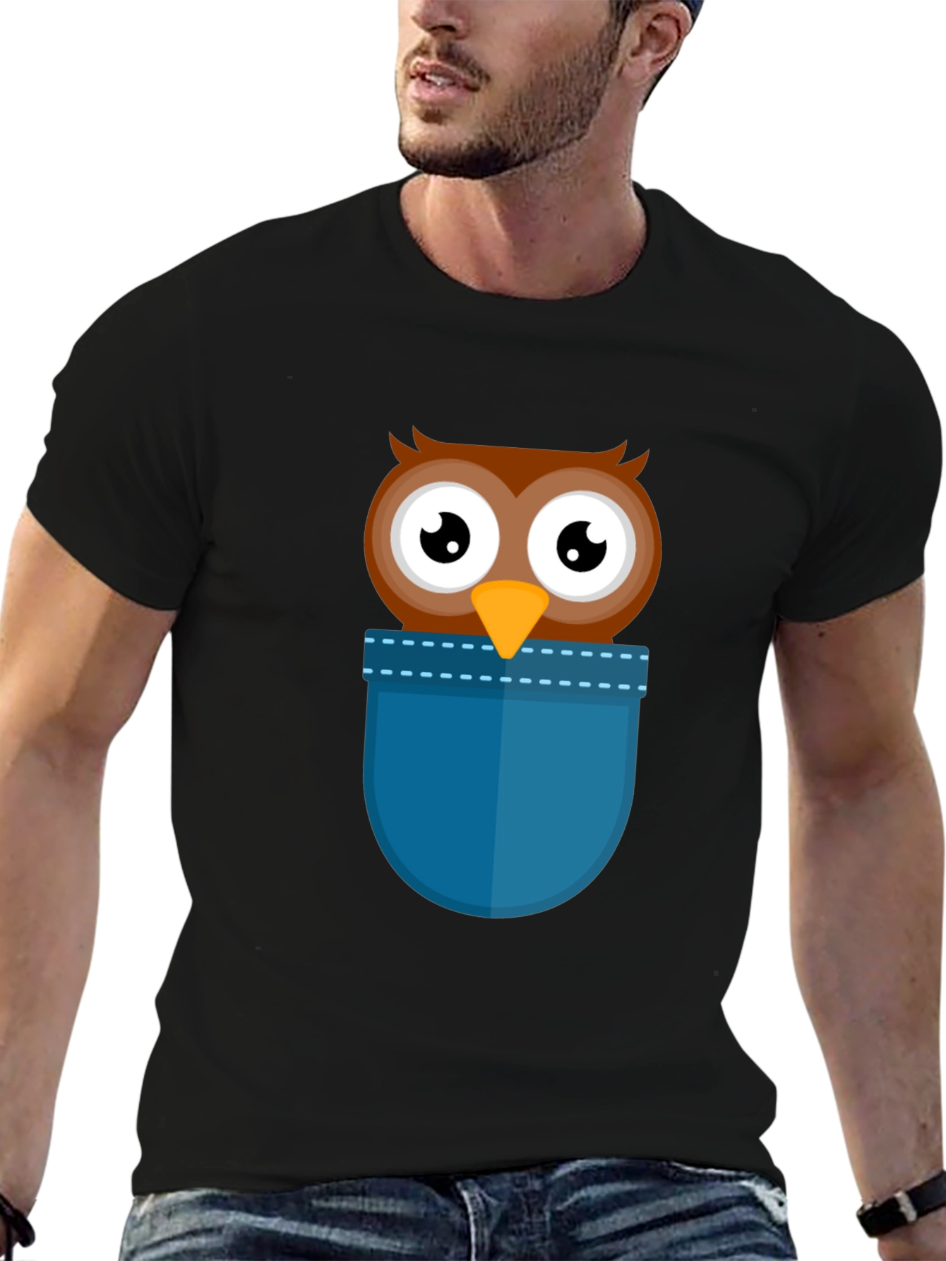 Black Cartoon Owl Pocket T-Shirt - Black view 6