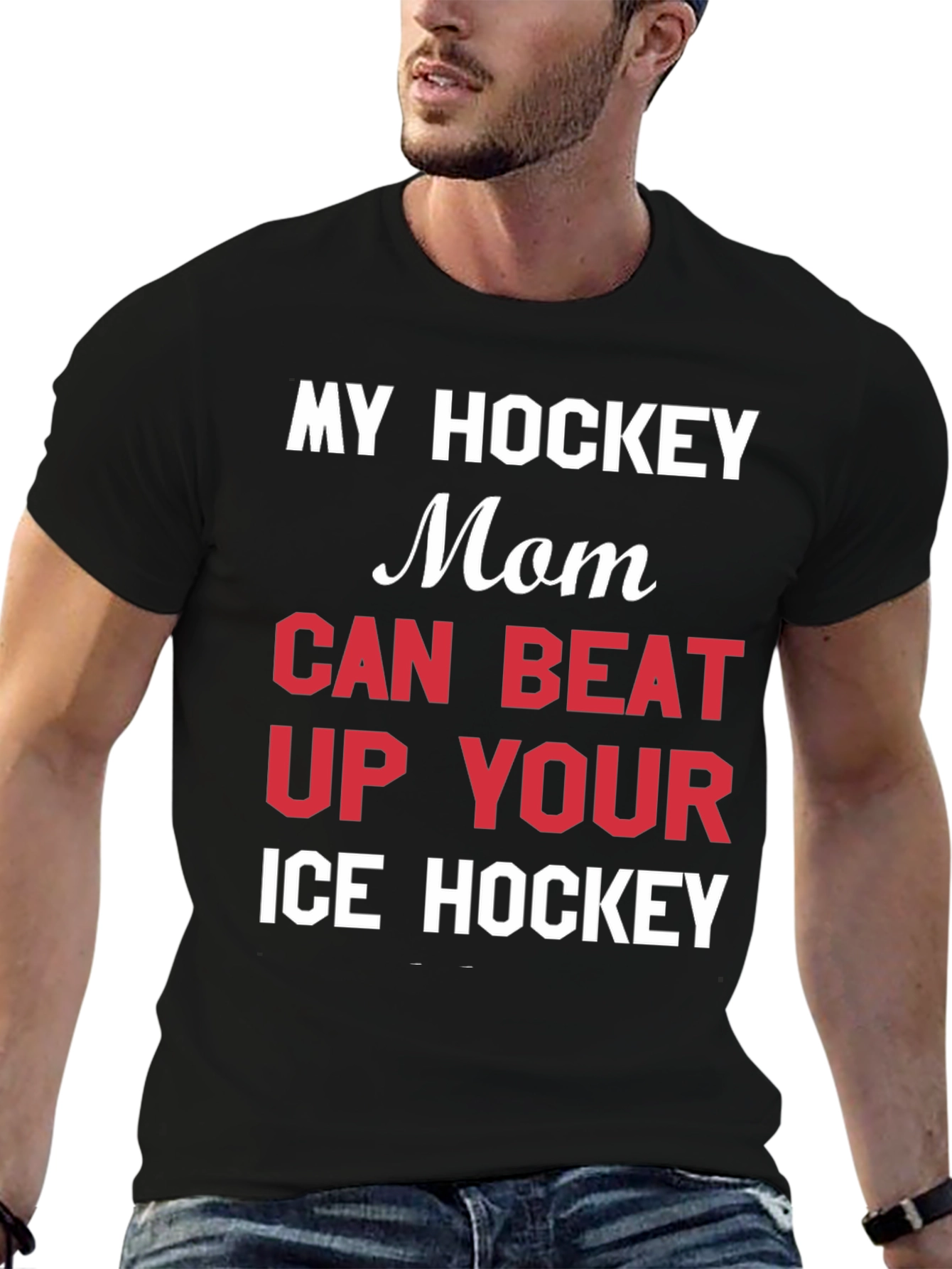 Black Hockey Mom T-Shirt - My Mom Can Beat Up Your Ice Hockey view 6