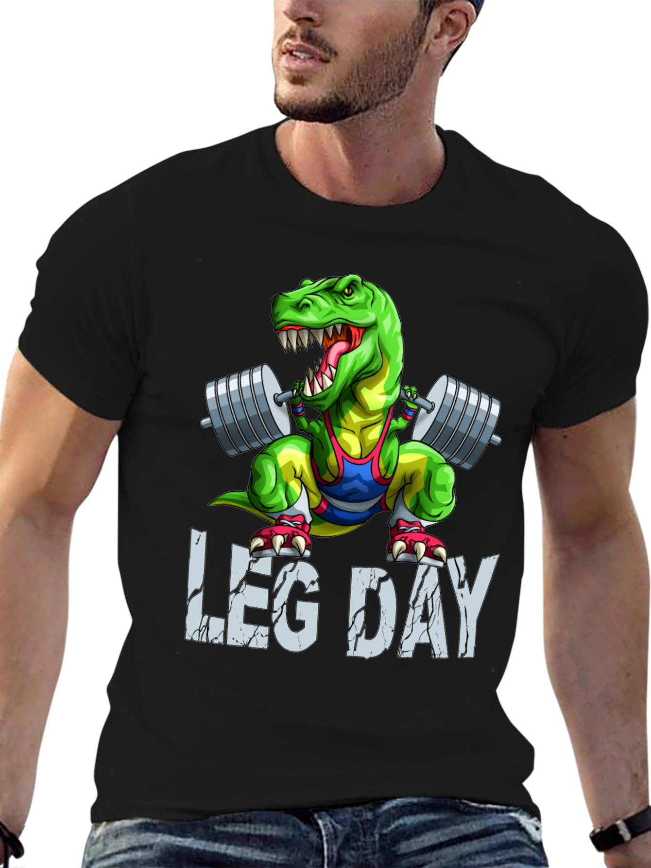 Black Dino Leg Day T-Shirt: Funny Gym Workout Tee view 6