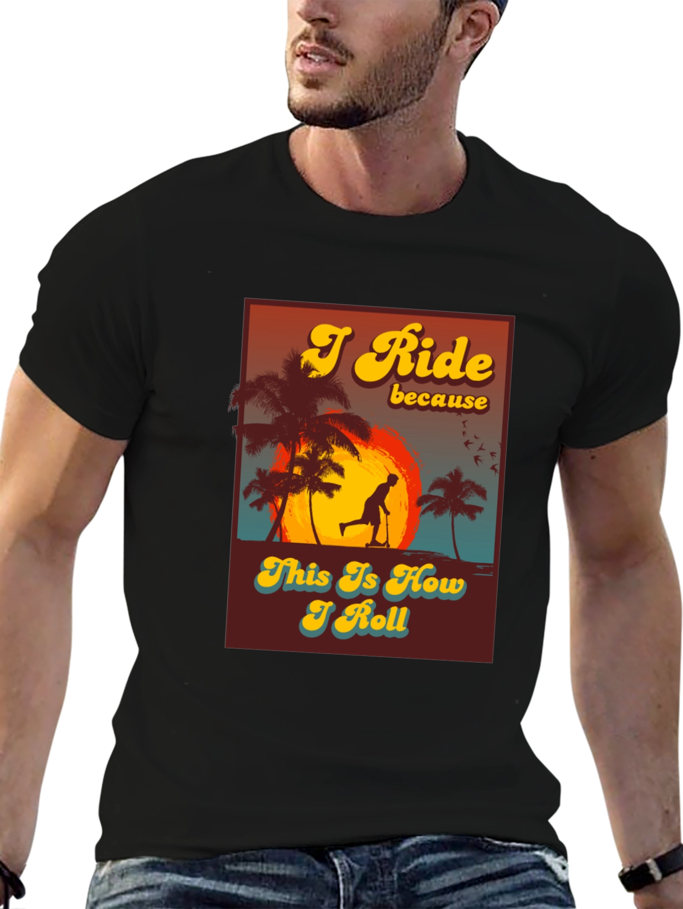 Black I Ride Scooter Tee - Retro Sunset Design view 6