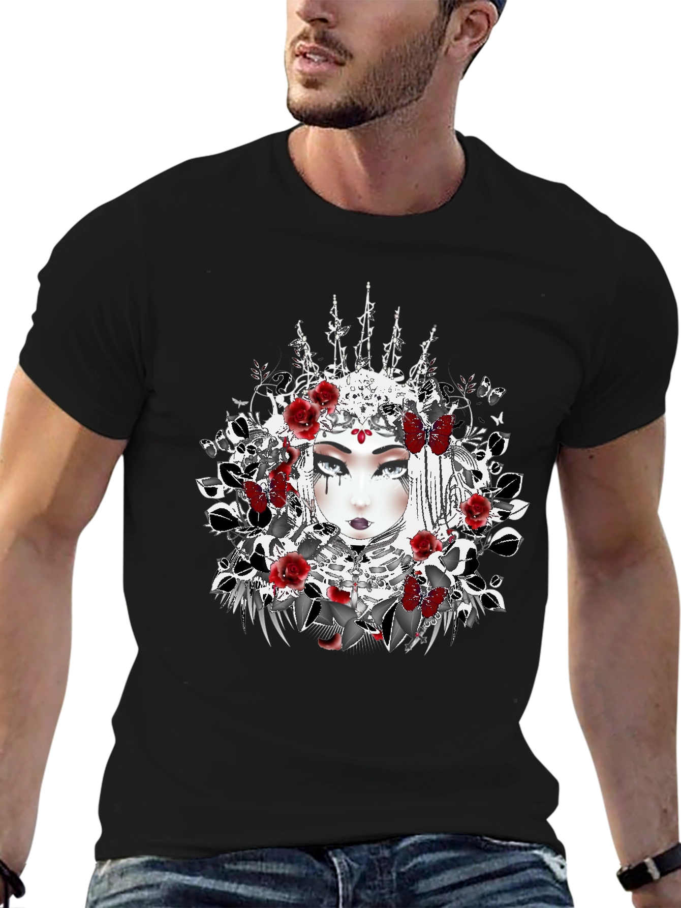 Black Gothic Queen T-Shirt - Floral Crown Design view 6