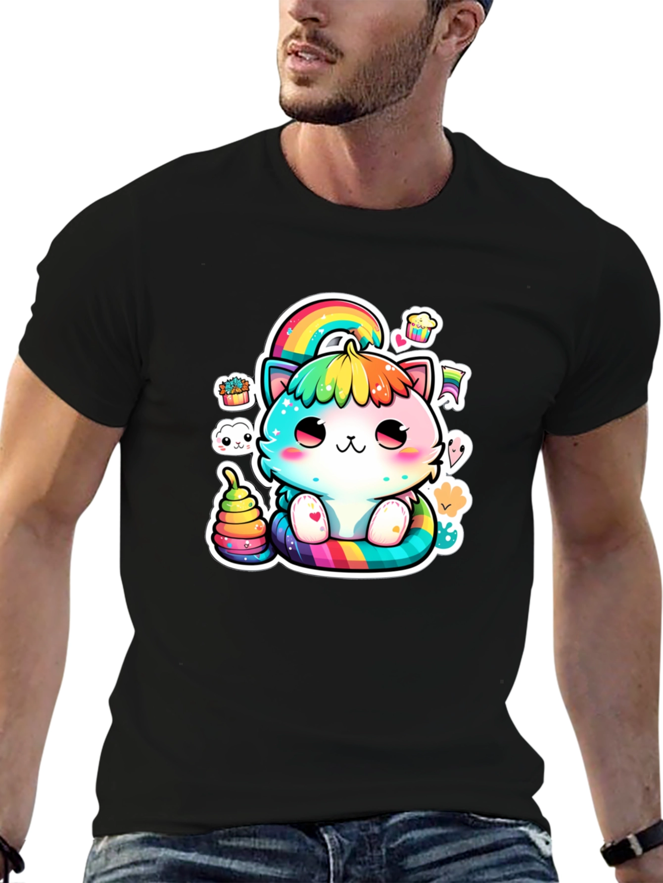 Black Rainbow Cat T-Shirt: Cute Kawaii Design view 6