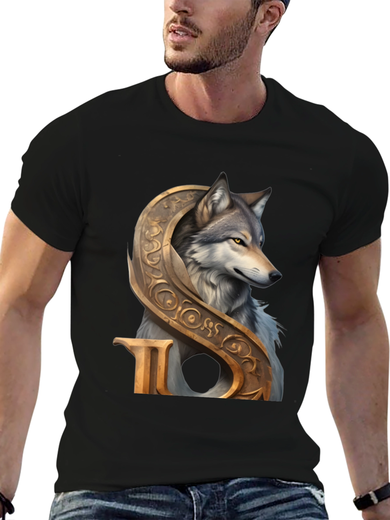 Black Wolf and Ornamental Letter T-Shirt view 6