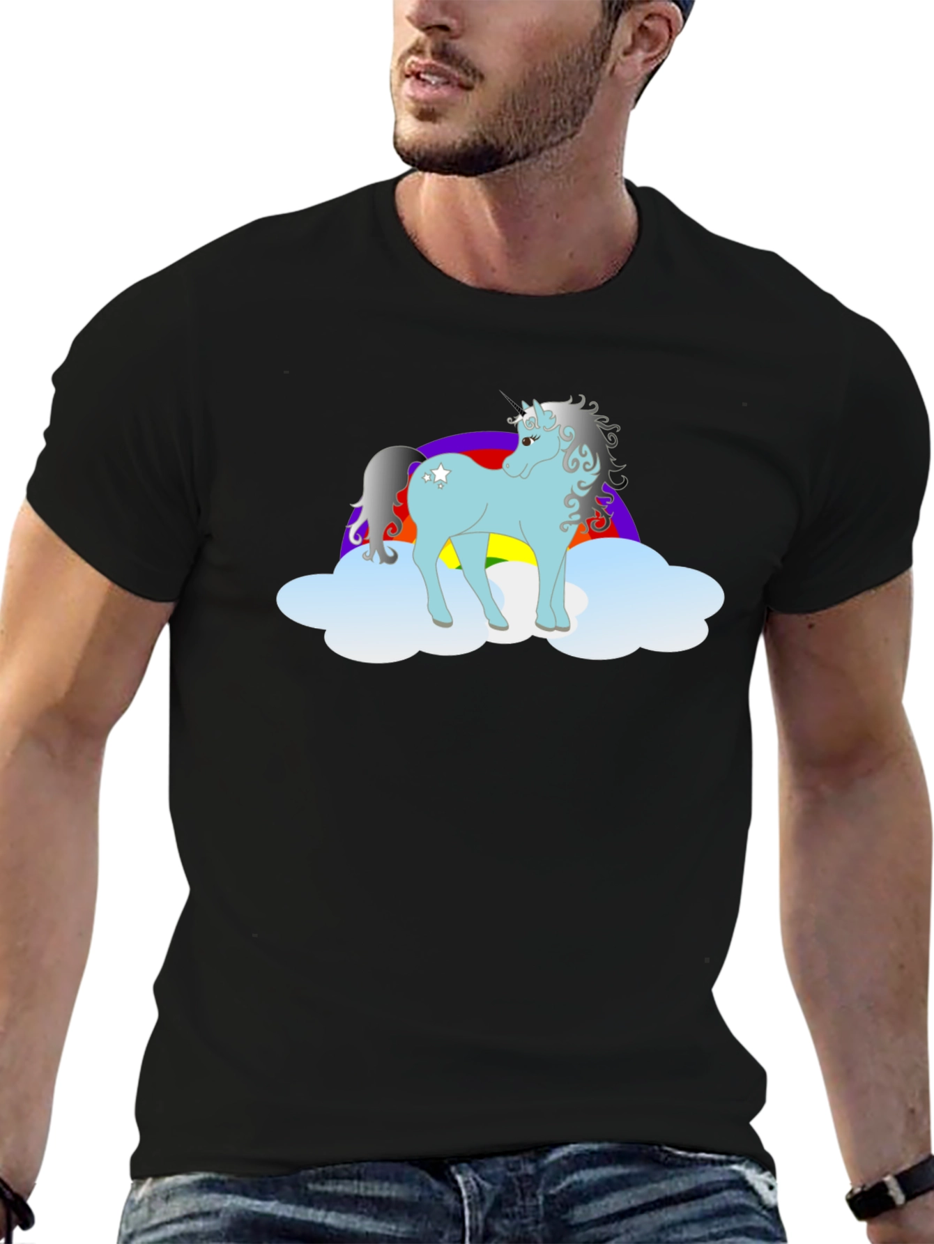 Black Unicorn Rainbow Cloud T-Shirt - Black Cotton Tee view 6