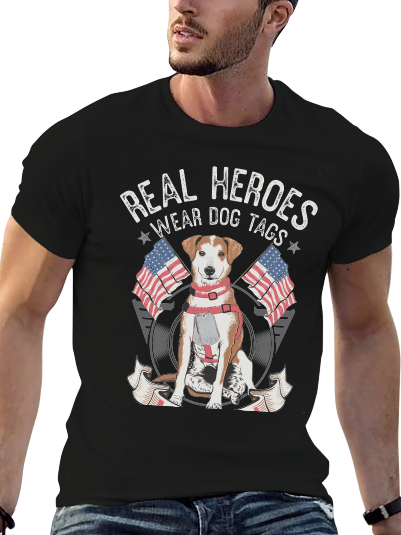 Black Real Heroes Wear Dog Tags T-Shirt view 6