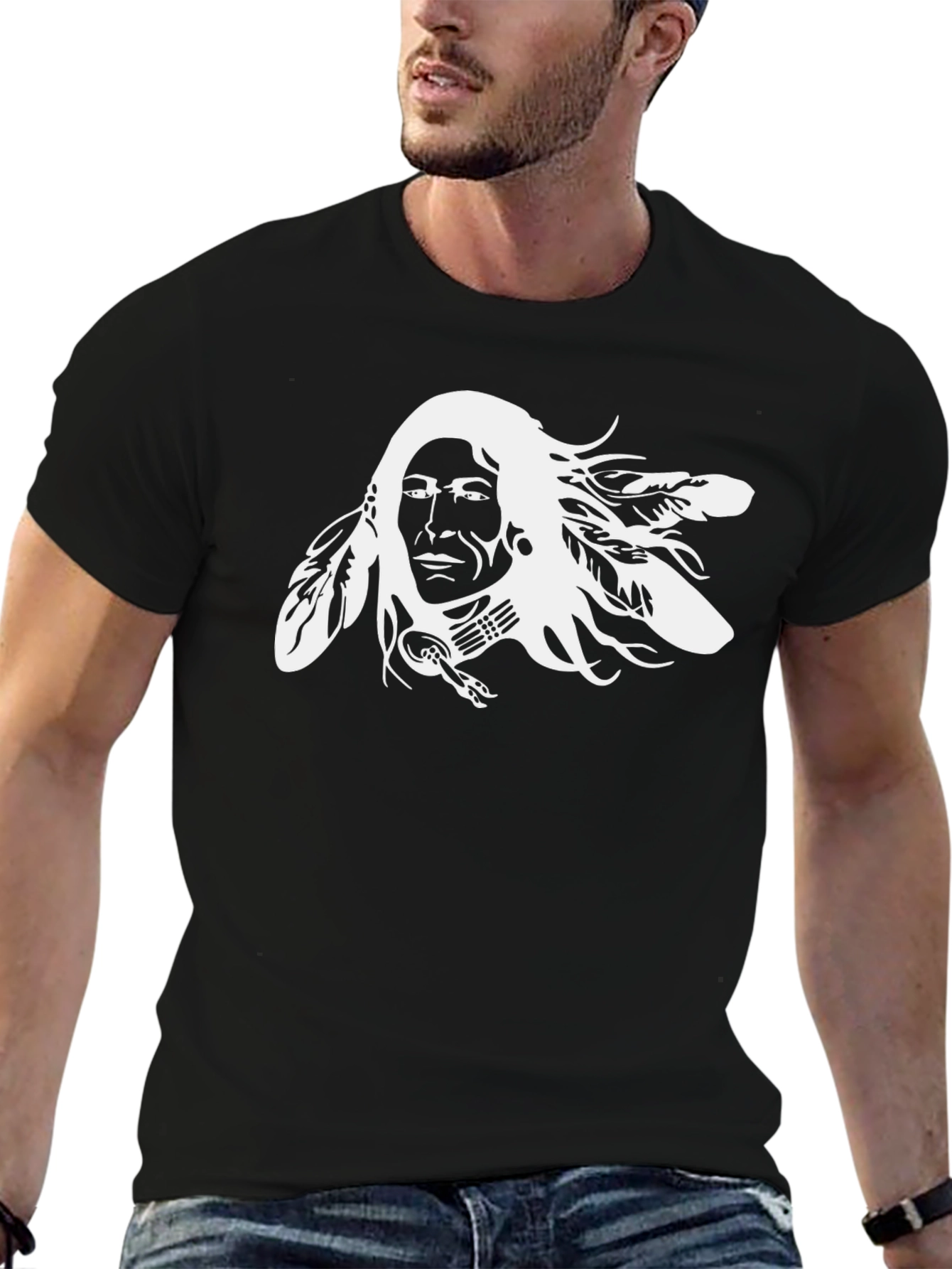 Black Native American Chief Graphic Tee - Black Cotton T-Shirt view 6