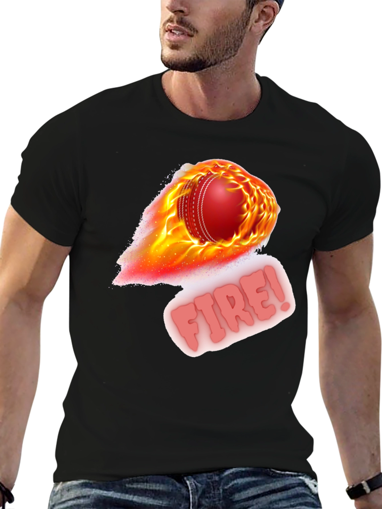 Black Fiery Cricket Ball Graphic Tee - Black Cotton Blend view 6