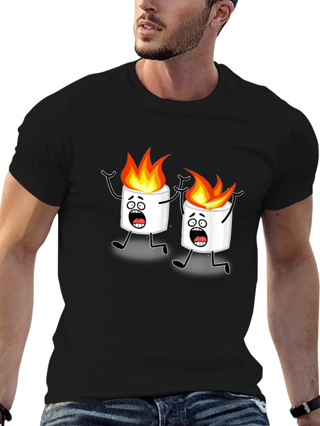 Black Scared Marshmallow Cartoon Graphic Black Tee view 6