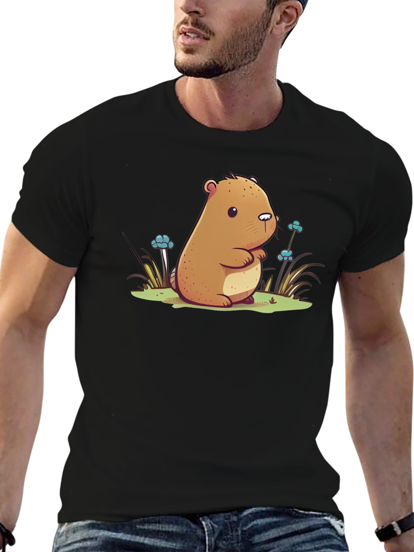 Black Cute Cartoon Beaver Graphic T-Shirt view 6