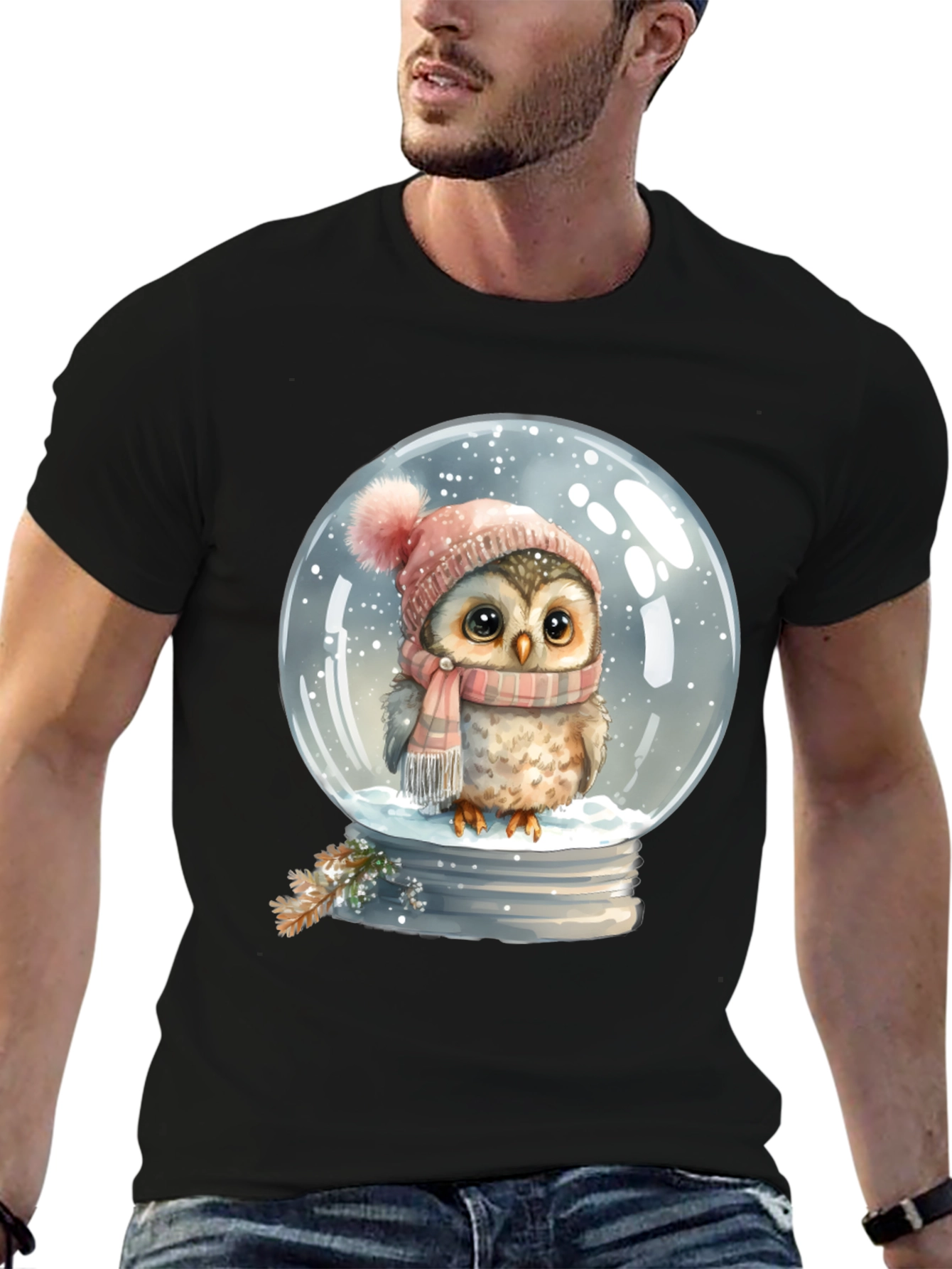 Winter Owl in Snow Globe Black T-Shirt - 6