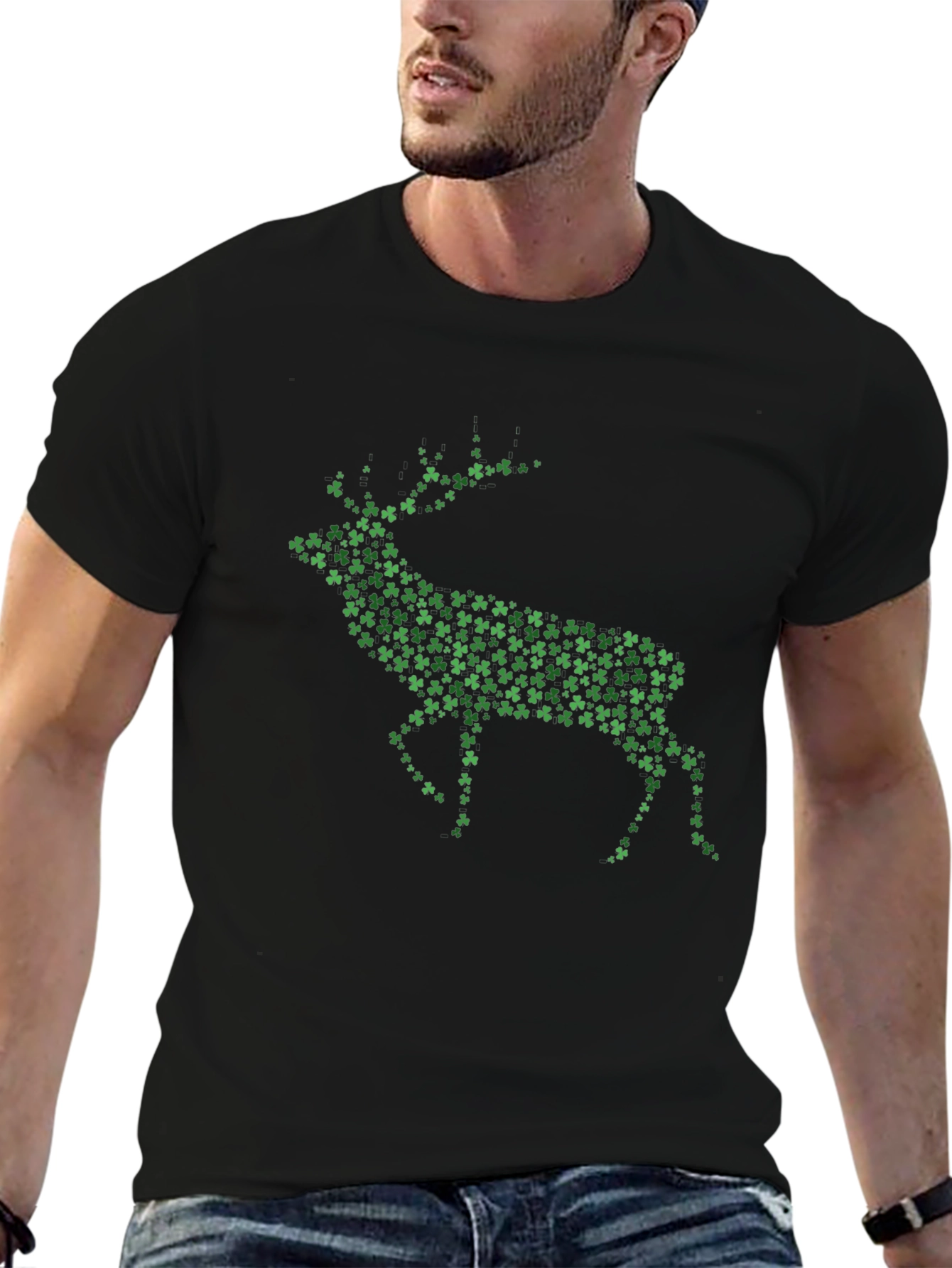Black St. Patrick's Day Deer Clover Graphic T-Shirt view 6