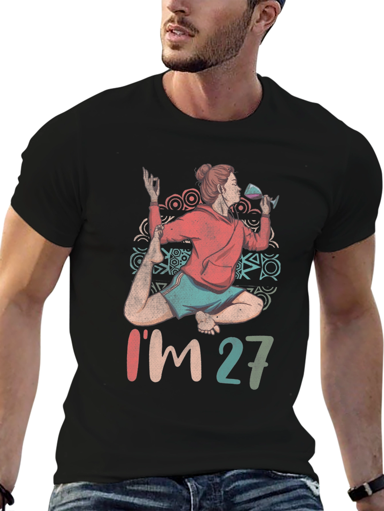 Black Yoga & Wine Birthday T-Shirt - I'm 27 Graphic Tee view 6