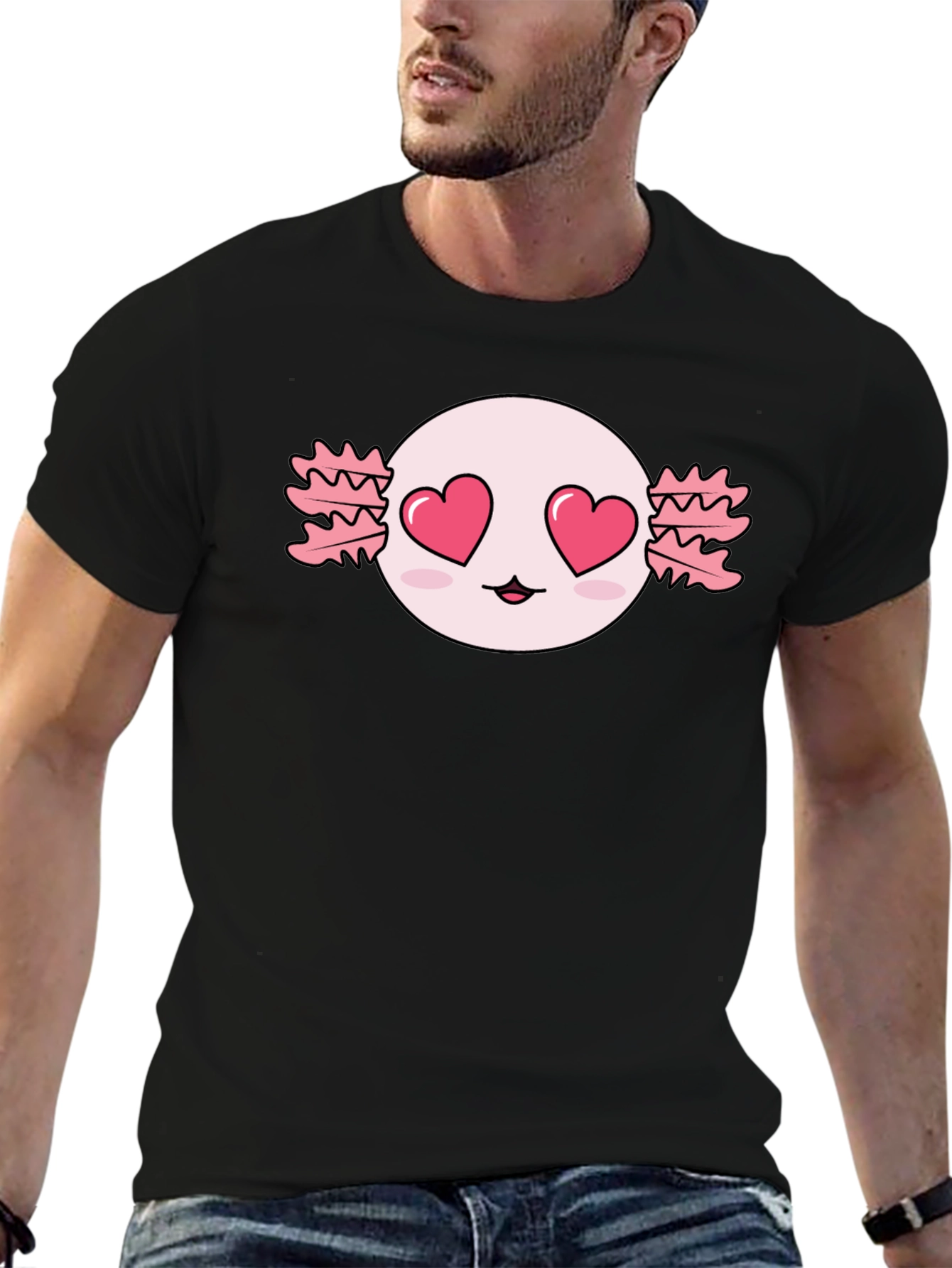 Black Axolotl Heart Eyes T-Shirt - Kawaii Black Tee view 6