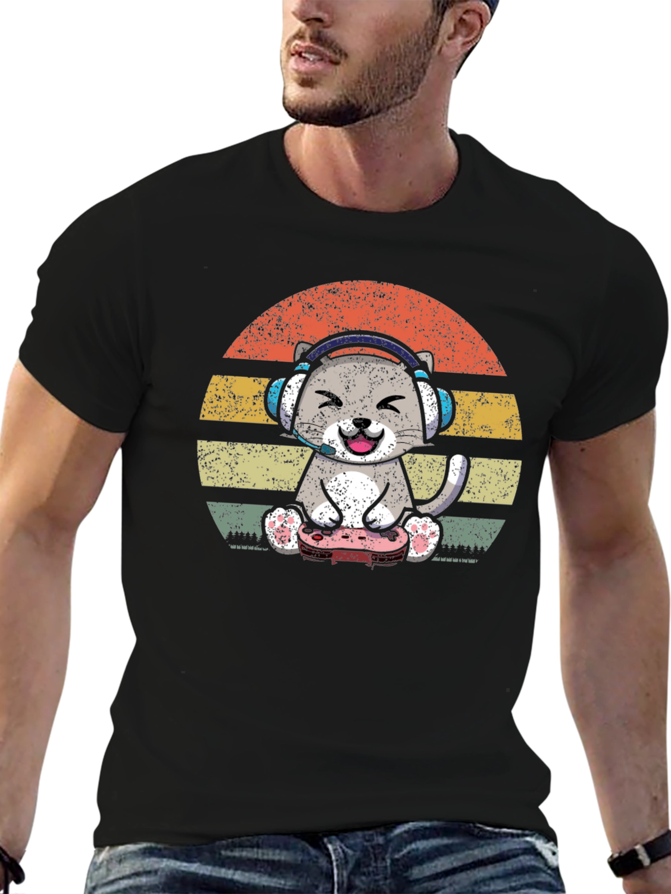 Black Gamer Cat T-Shirt - Vintage Sunset Design view 6
