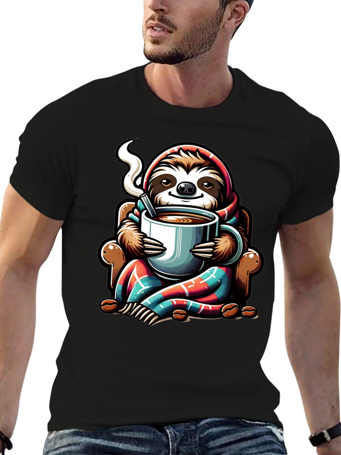 Black Cozy Sloth Coffee Lover T-Shirt view 6