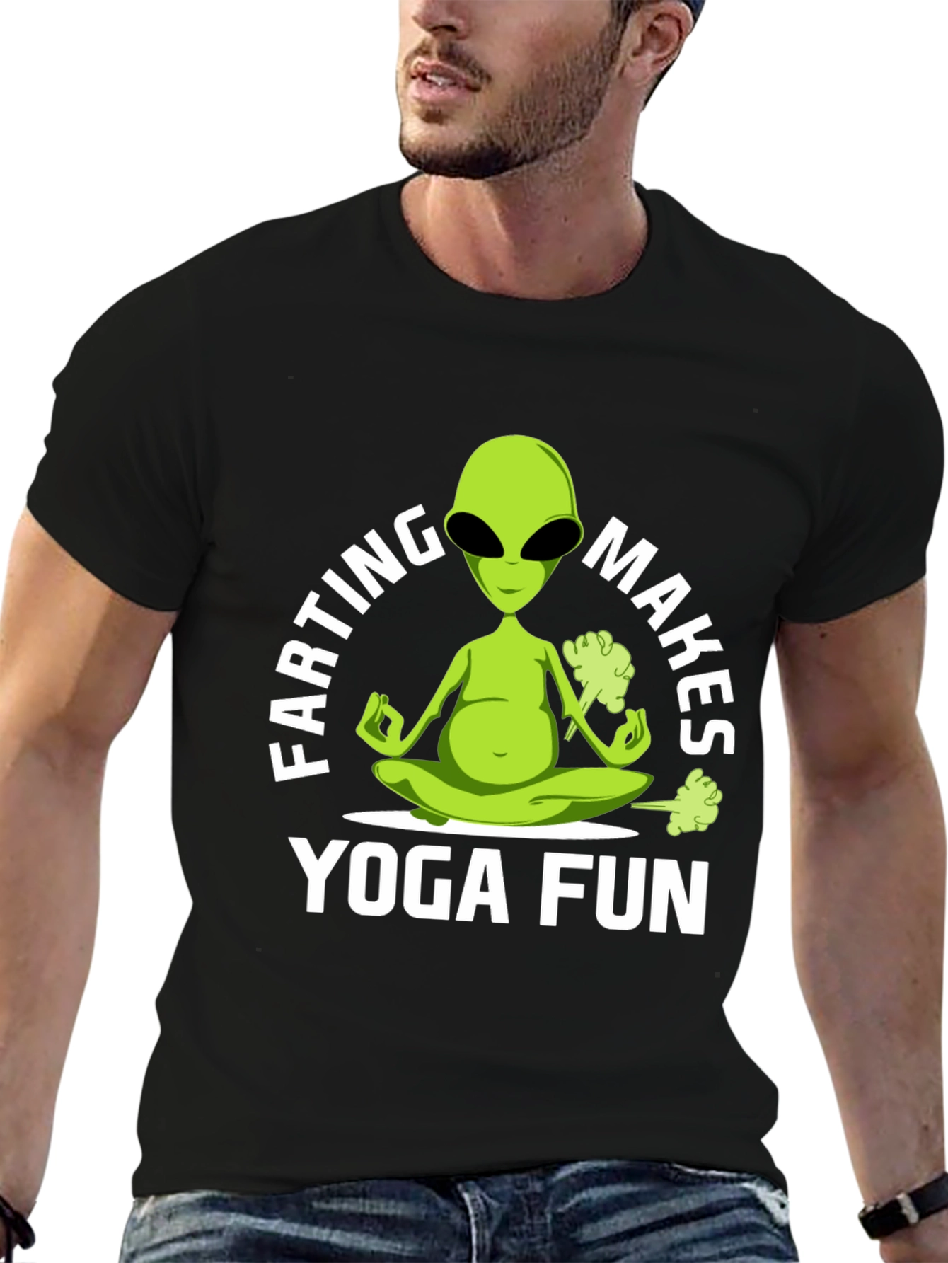 Black Farting Alien Yoga Funny T-Shirt view 6