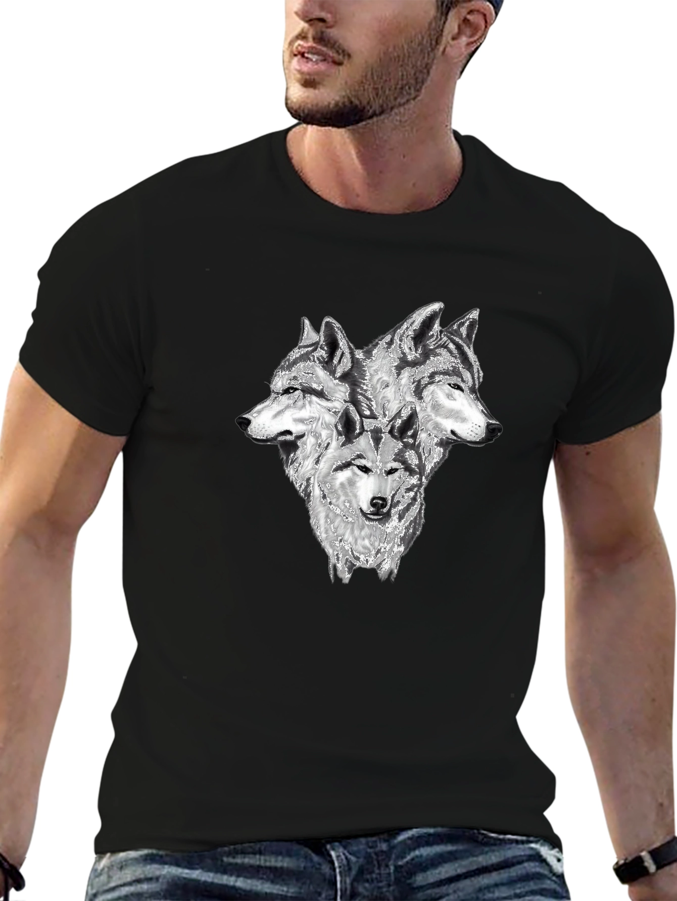 Black Three Wolf Head Graphic T-Shirt - Black view 6