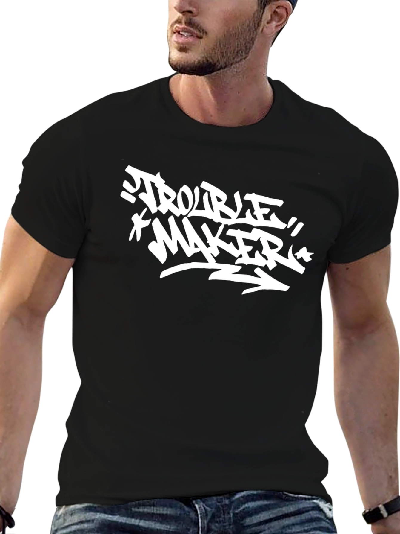 Black Trouble Maker Black Graphic Tee for Men view 6