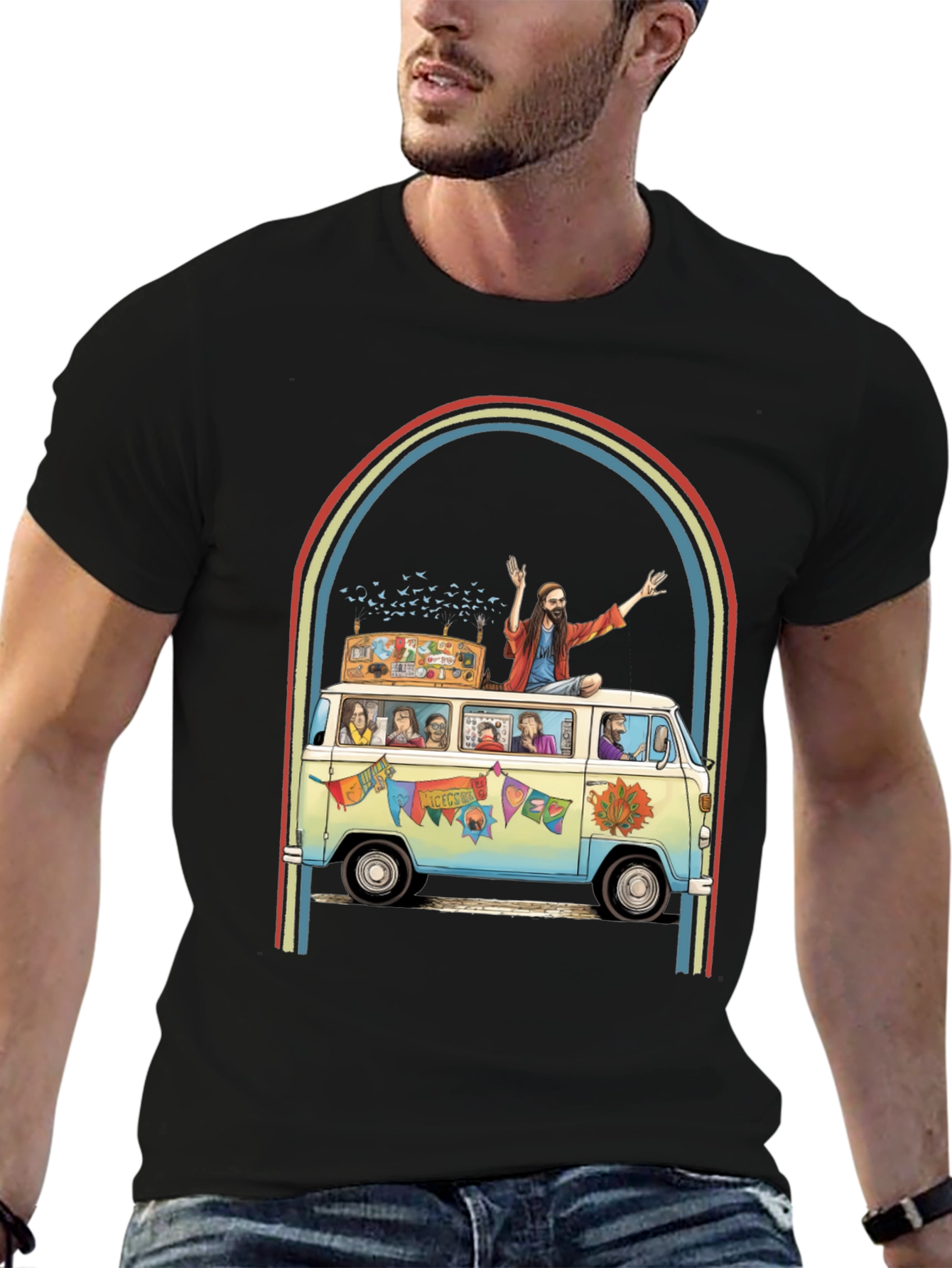 Black Hippie Bus T-Shirt - Groovy Retro Style view 6
