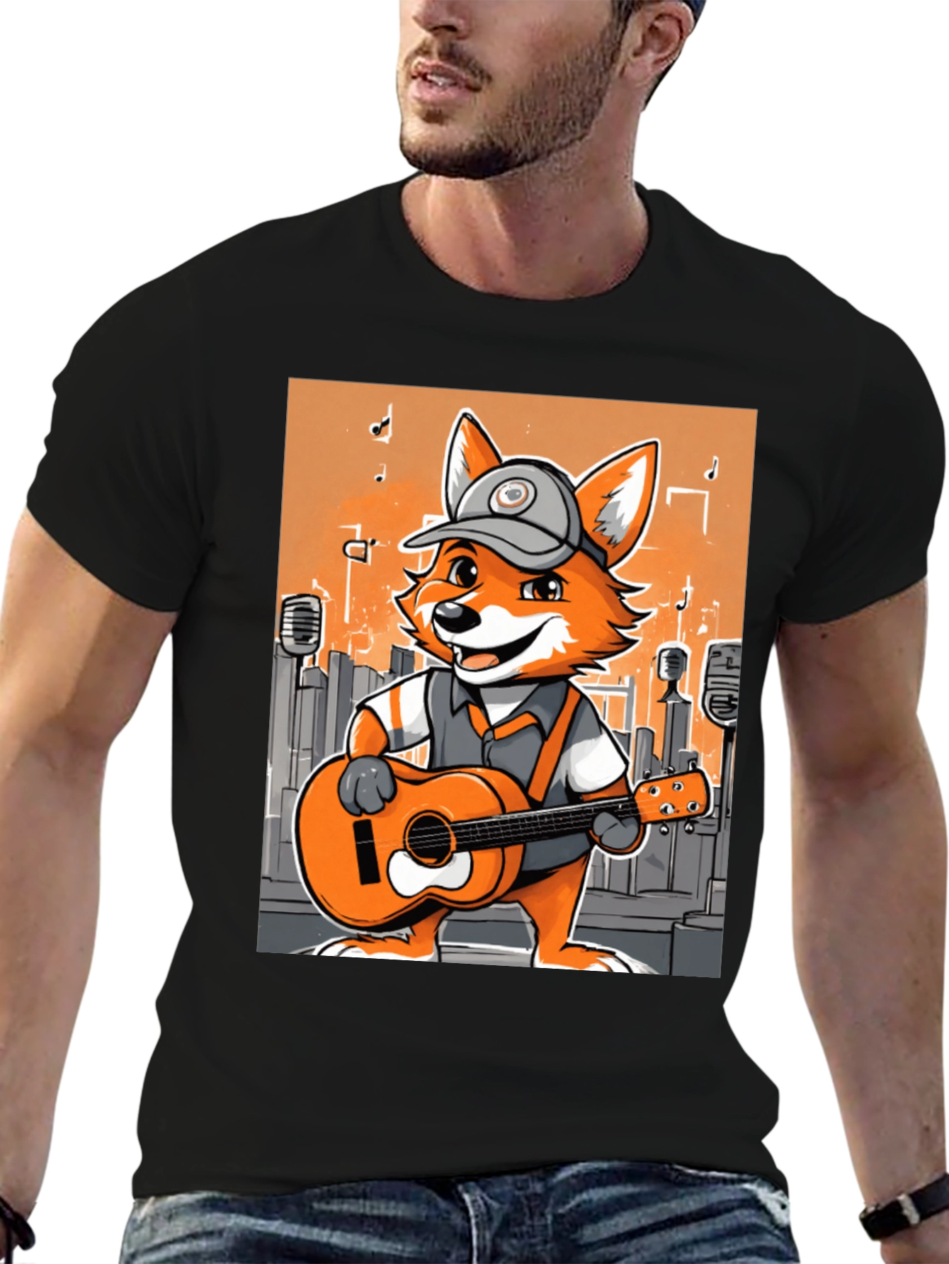 Black Cartoon Fox Musician Graphic Tee view 6