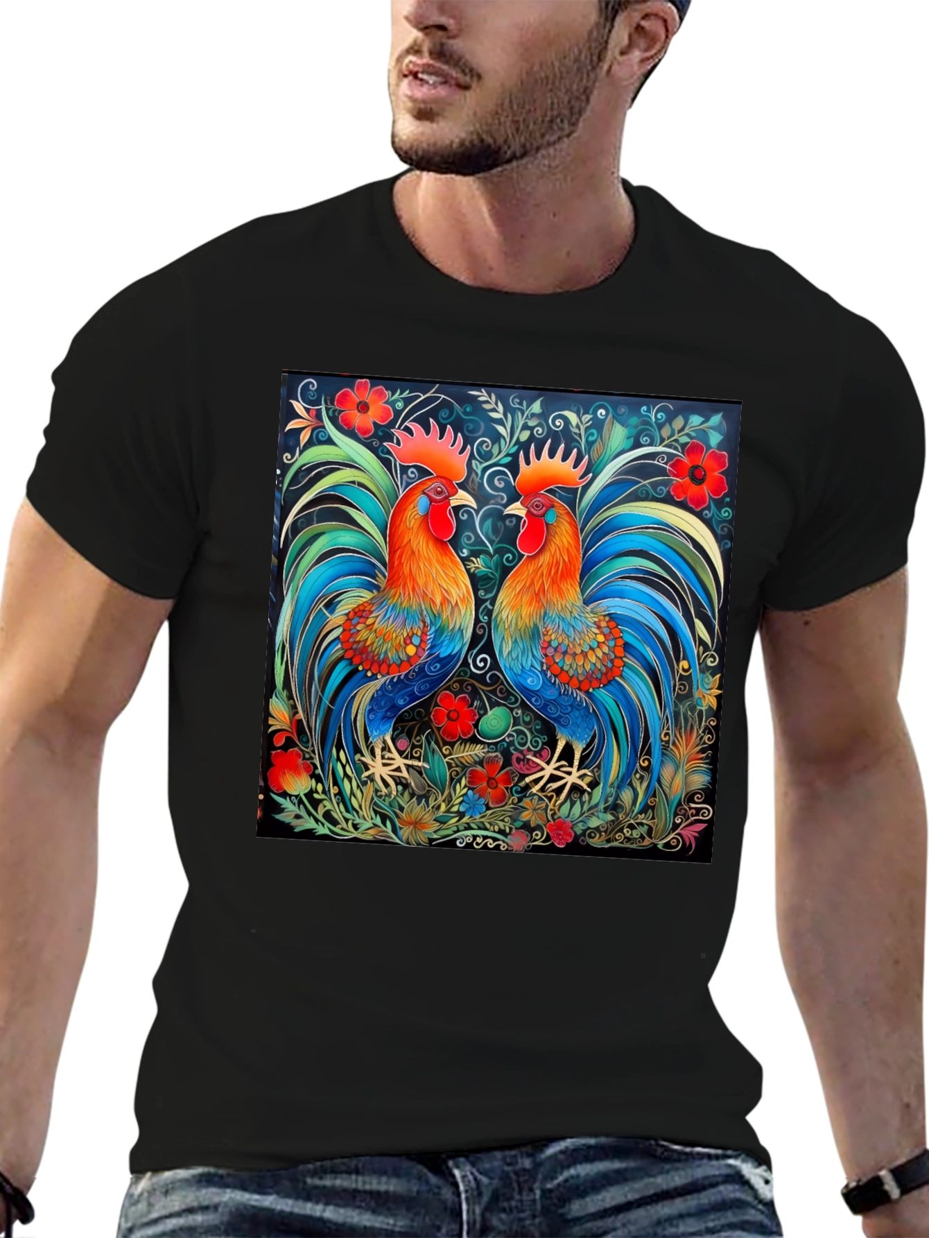Black Rooster Art Print Black T-Shirt - Stylish Graphic Tee view 6