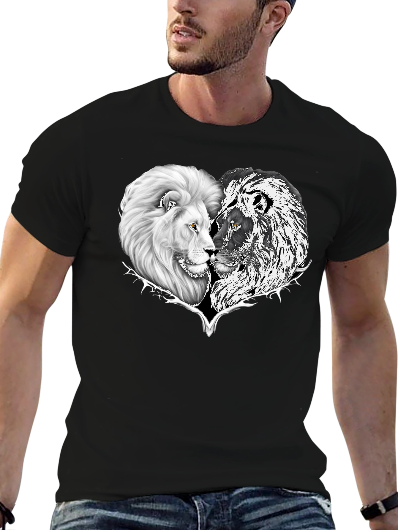 Black Yin Yang Lion Heart Graphic Tee - Black view 6