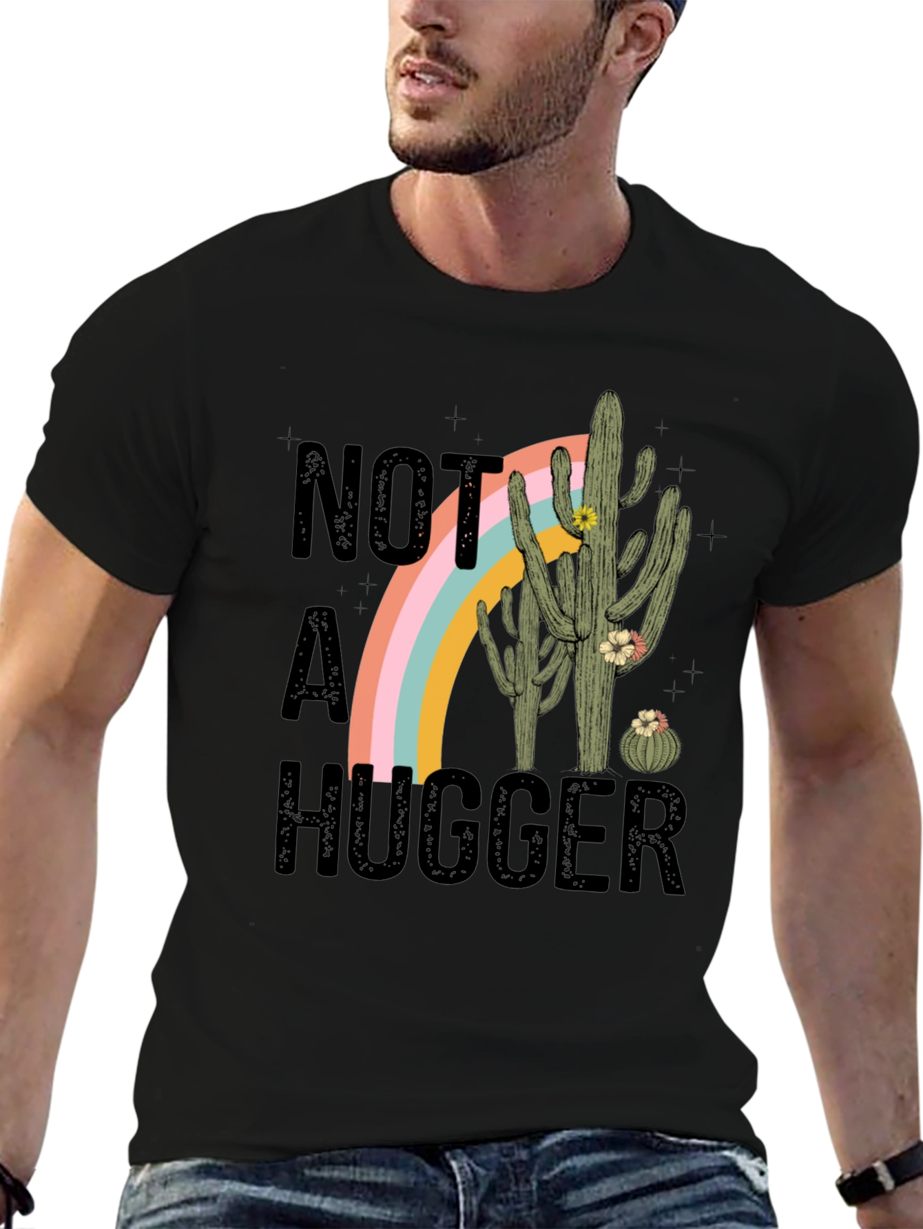 Black Not a Hugger Cactus Rainbow Graphic Tee view 6
