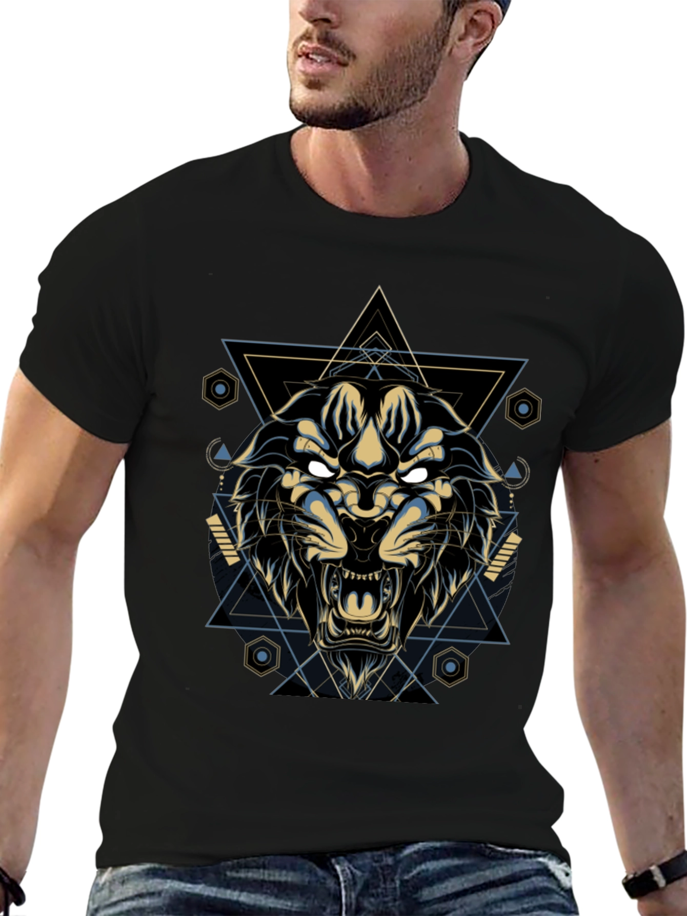 Black Geometric Lion Graphic Tee - Cool & Stylish view 6